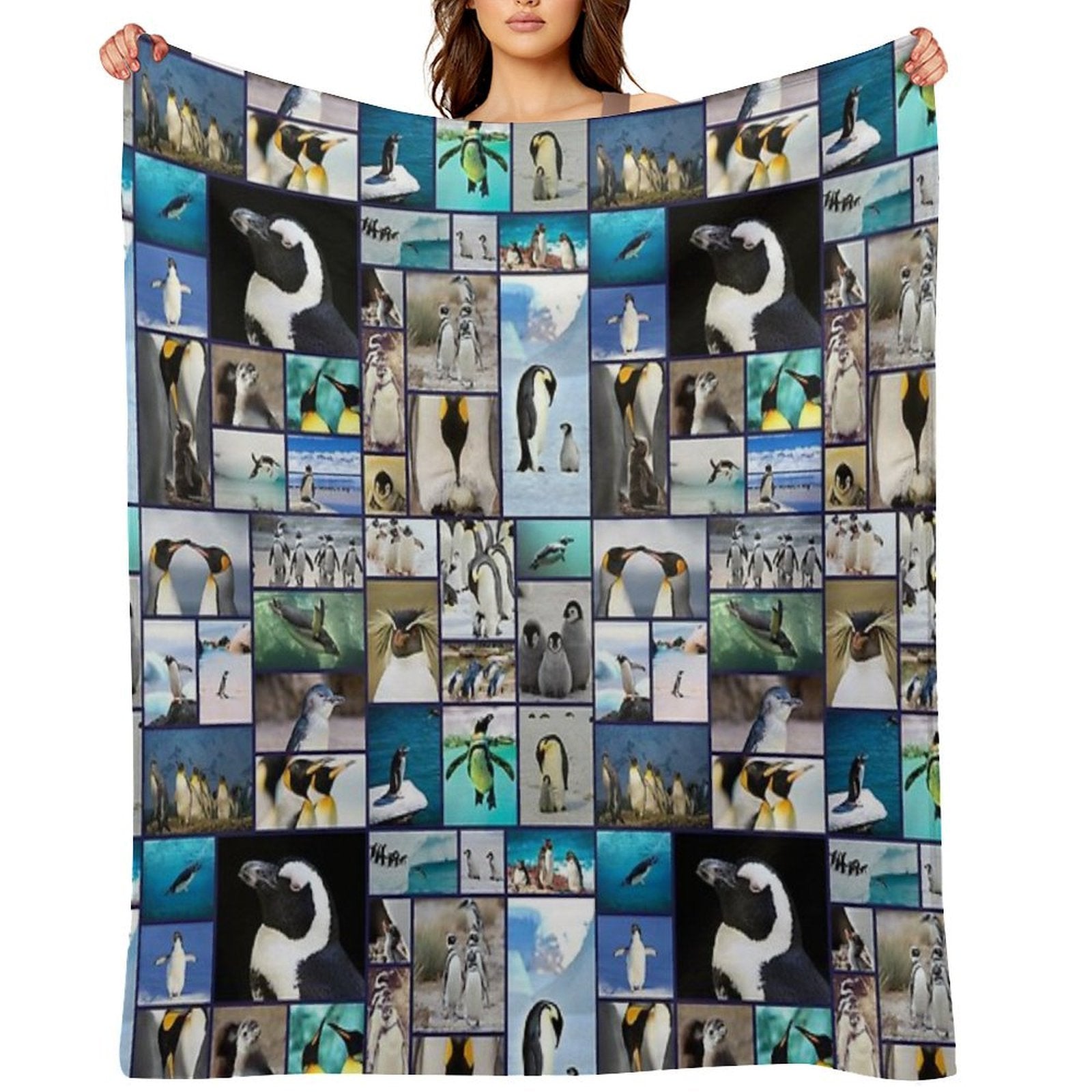 Penguin Pattern Photo Collage Quick-dry Throw Blanket