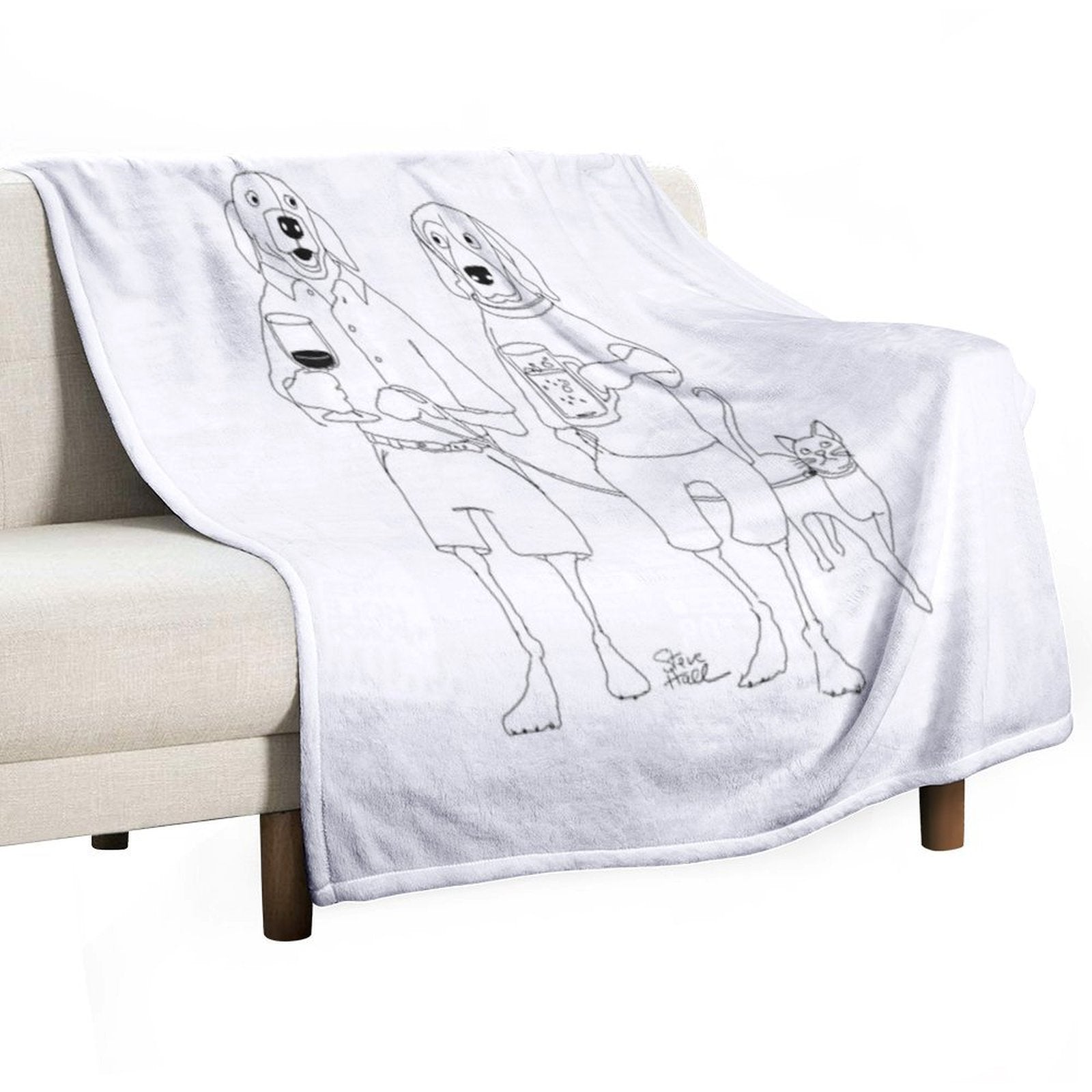 Dogs Casually Walking with Drinks And Leashed Cat Quick-dry Throw Blanket