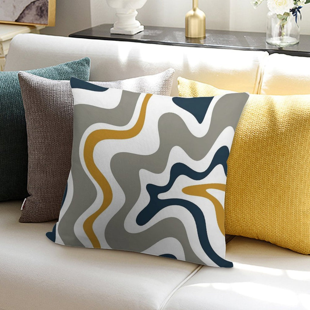Liquid Swirl Contemporary Abstract in Mustard Yellow, Navy Blue, Grey, And White Soft Reinforced Edging Throw Pillow