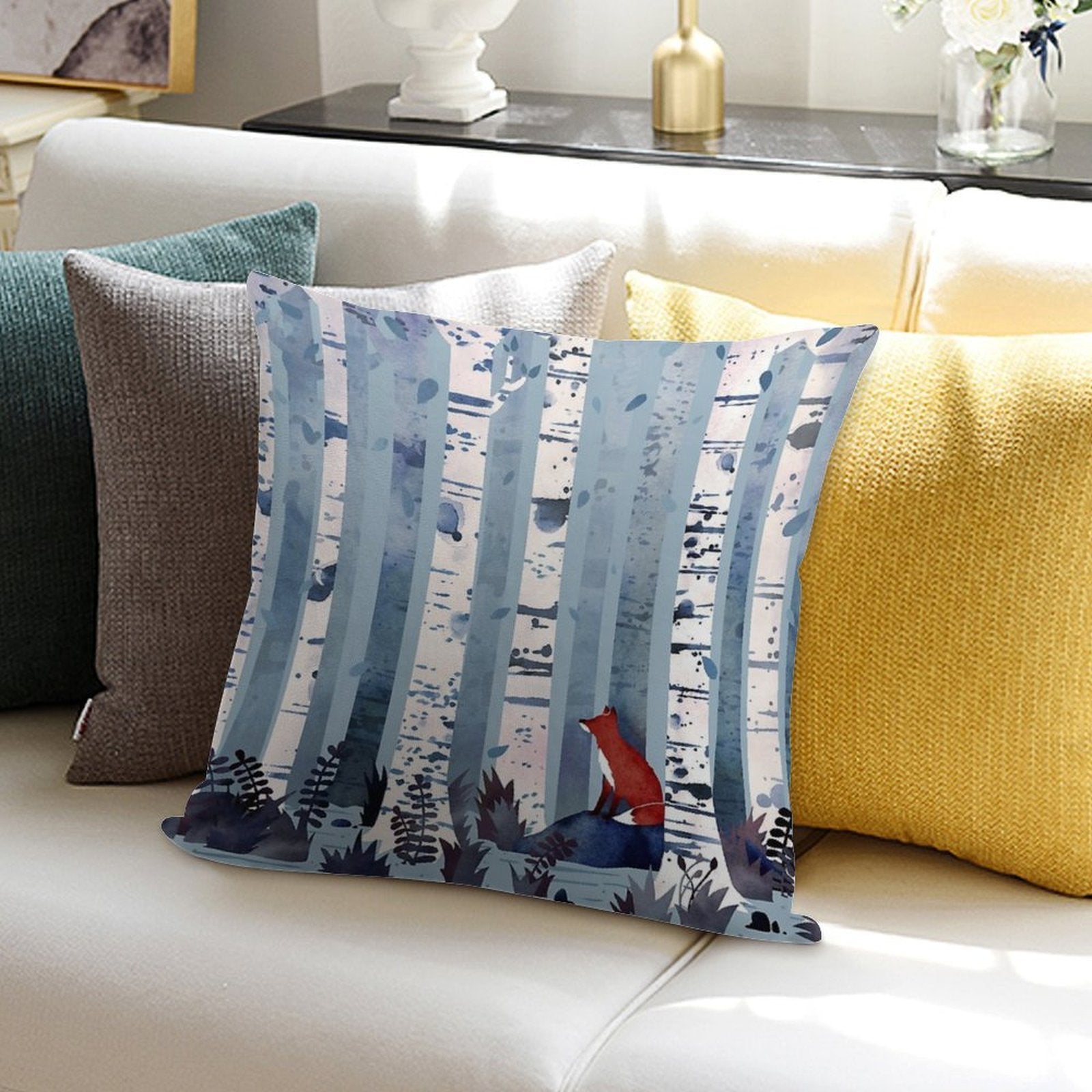 The Birches (in Blue) Soft Durable Construction Throw Pillow