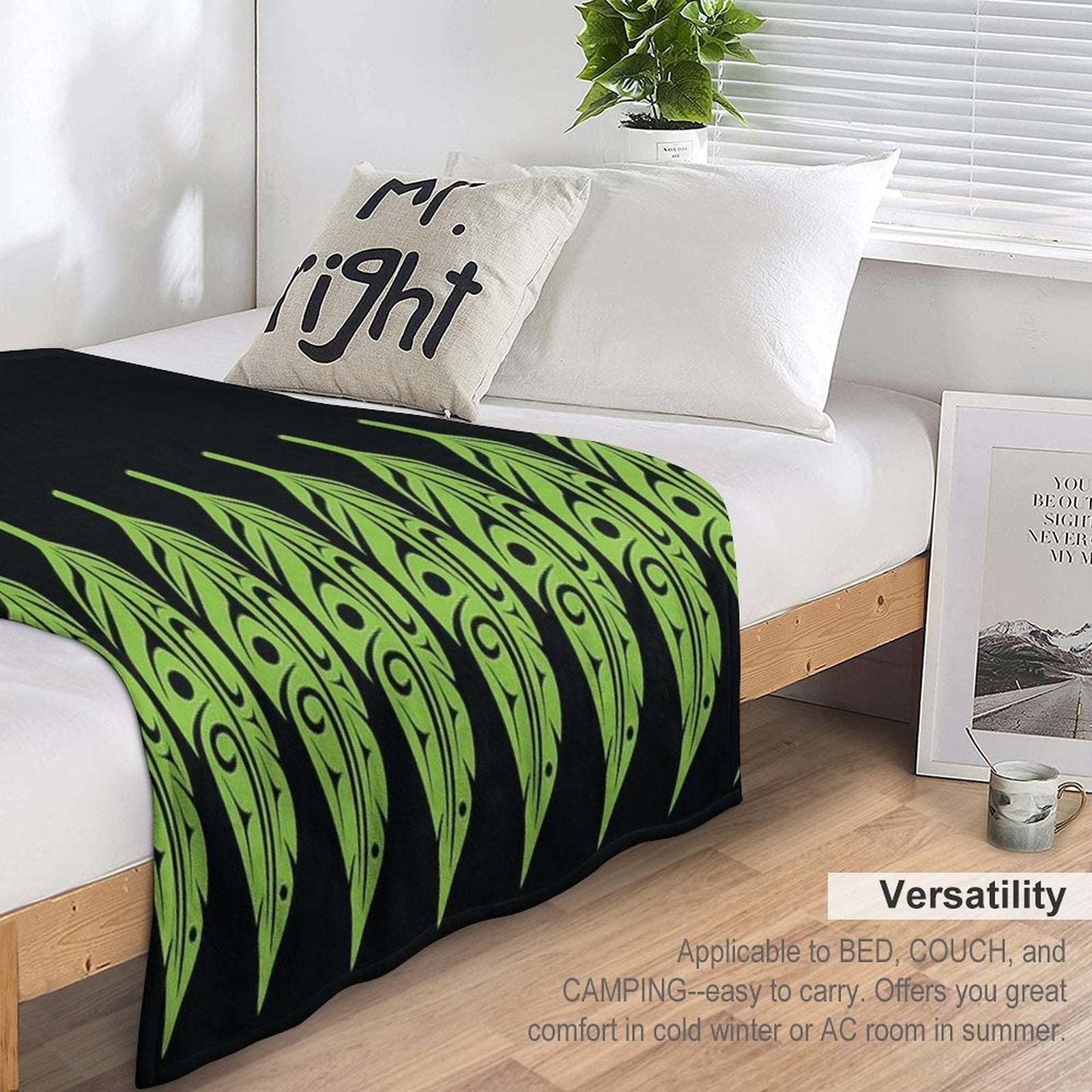 Feathers - Lime Green on Black Shrink-resistant Throw Blanket