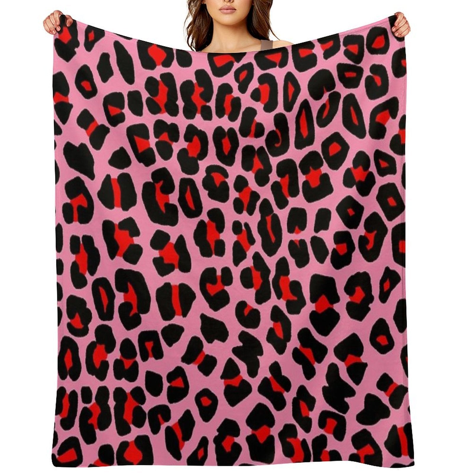 Red Leopard Print Spots on Pink Shrink-resistant Throw Blanket