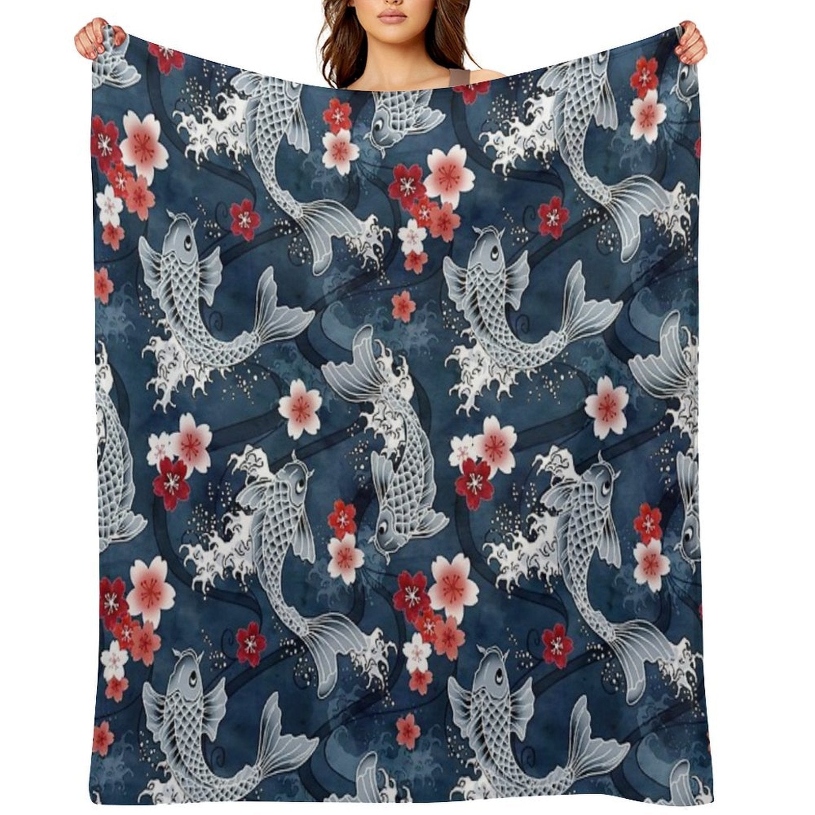Koi Sakura Blossom in Blue Anti-pilling Throw Blanket
