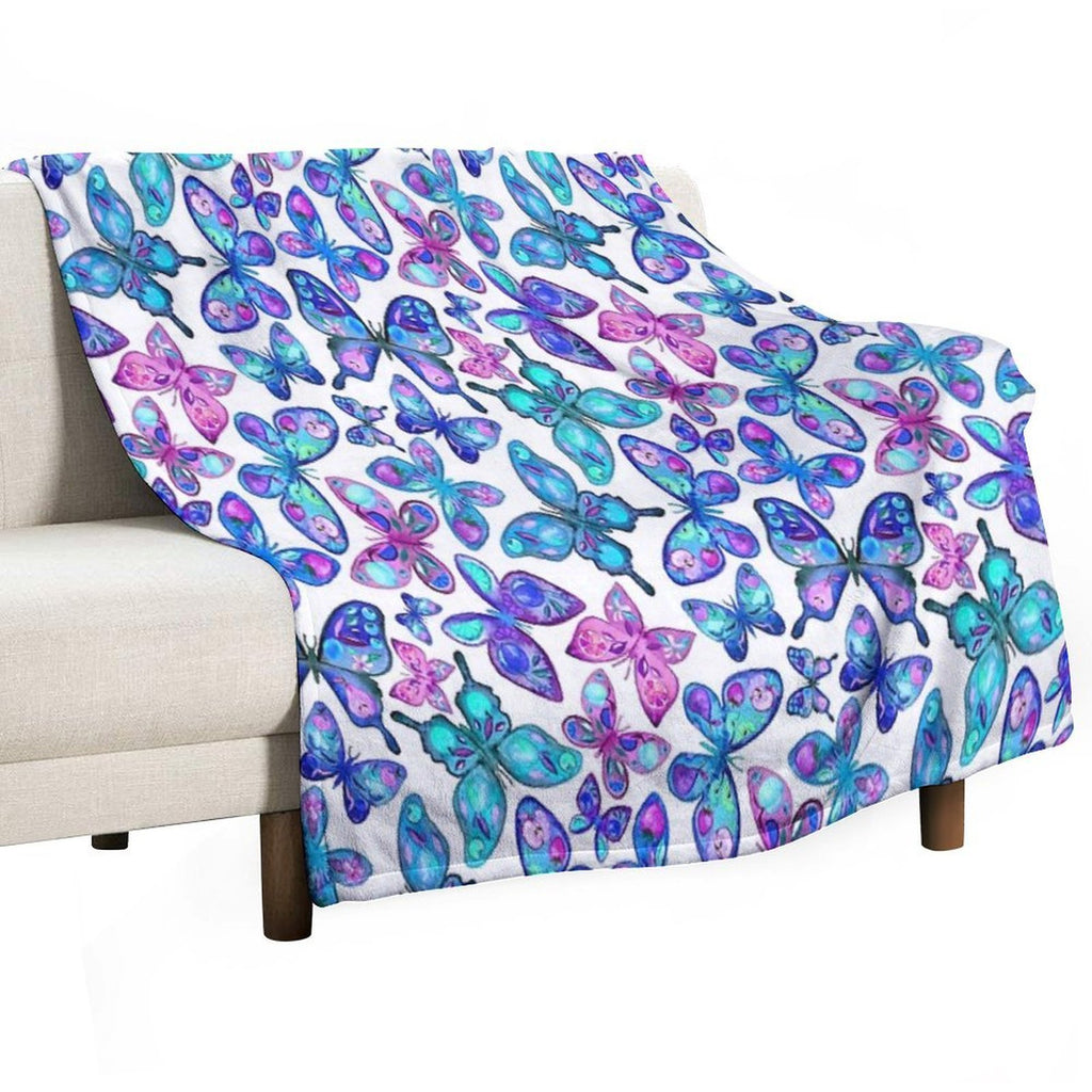 Watercolor Fruit Patterned Butterflies - Aqua And Sapphire Compact Throw Blanket