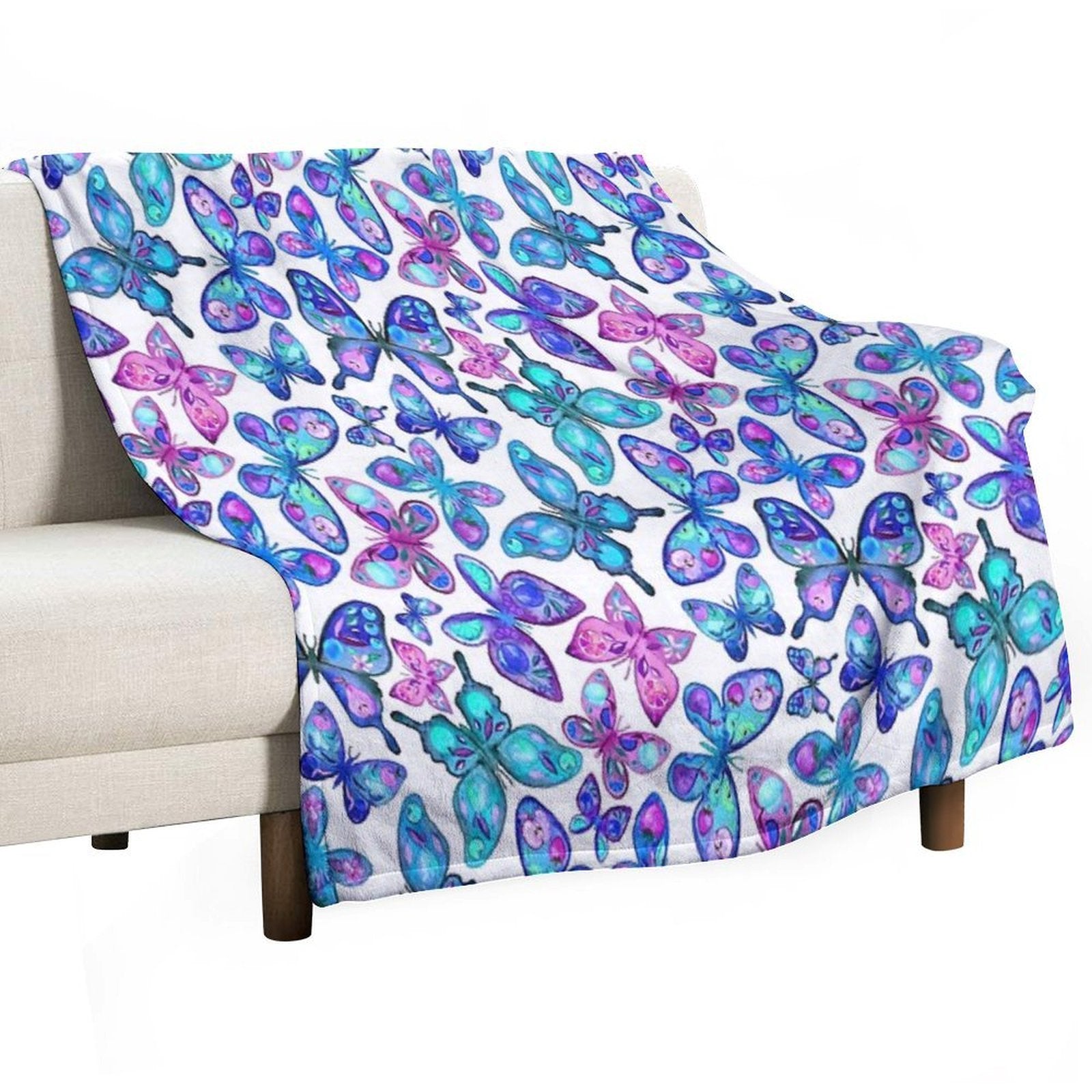 Watercolor Fruit Patterned Butterflies - Aqua And Sapphire Compact Throw Blanket