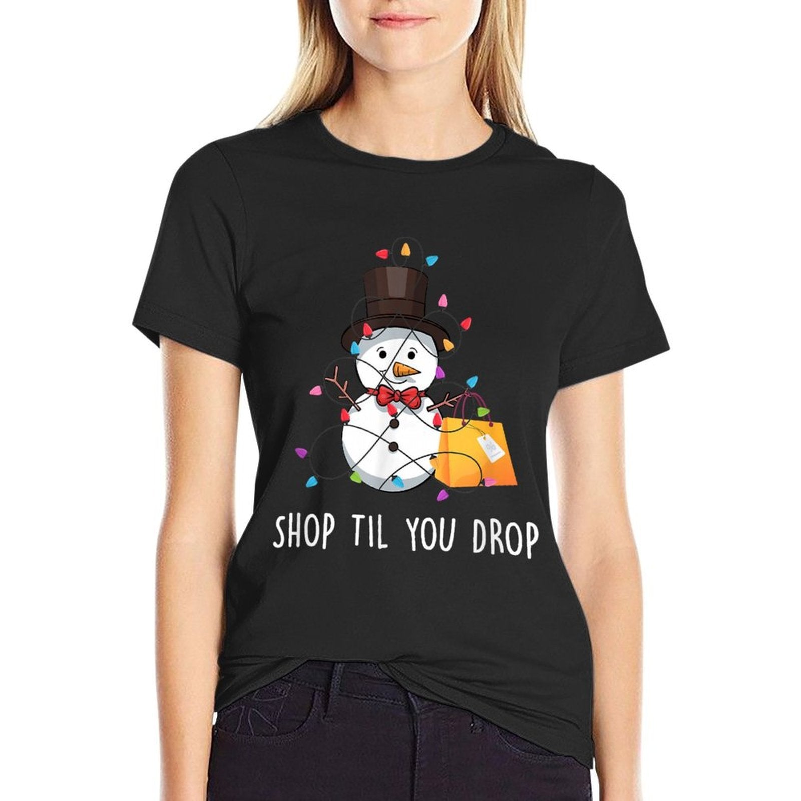 Shop Til You Drop Apparel Merry Christmas Snowman Shopping  Summer-ready Fabric T-Shirt