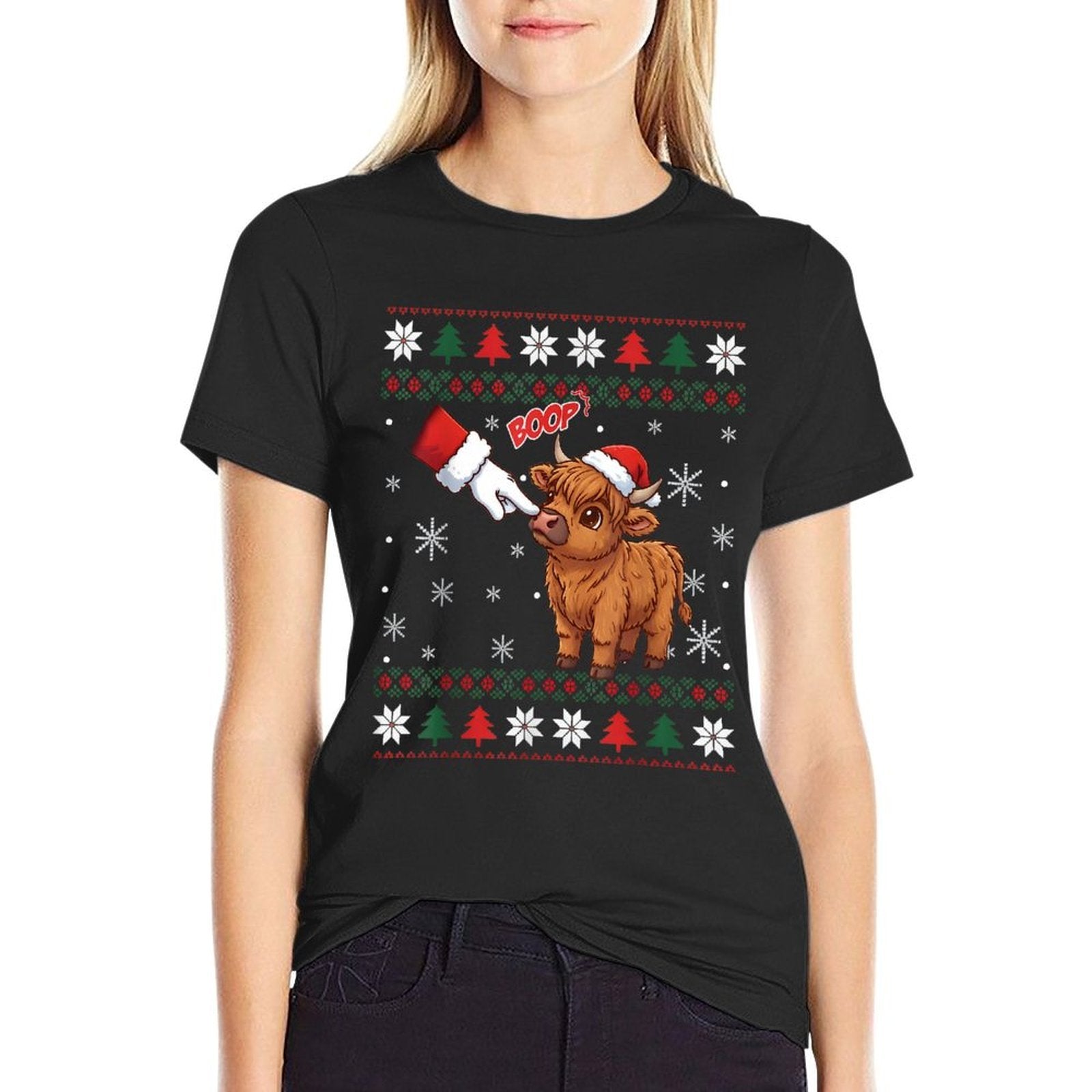 Santa Farmer Funny Western Hand Boop Christmas Highland Cow  Wrinkle-resistant T-Shirt