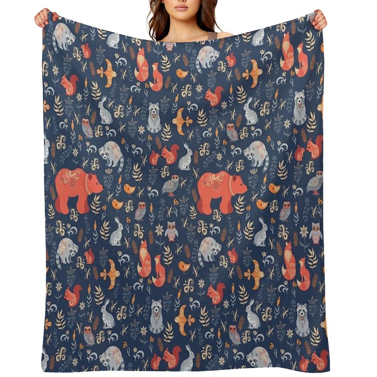 Fairy-tale Forest. Fox, Bear, Raccoon, Owls, Rabbits, Flowers And Herbs on A Blue Background. Plush Throw Blanket