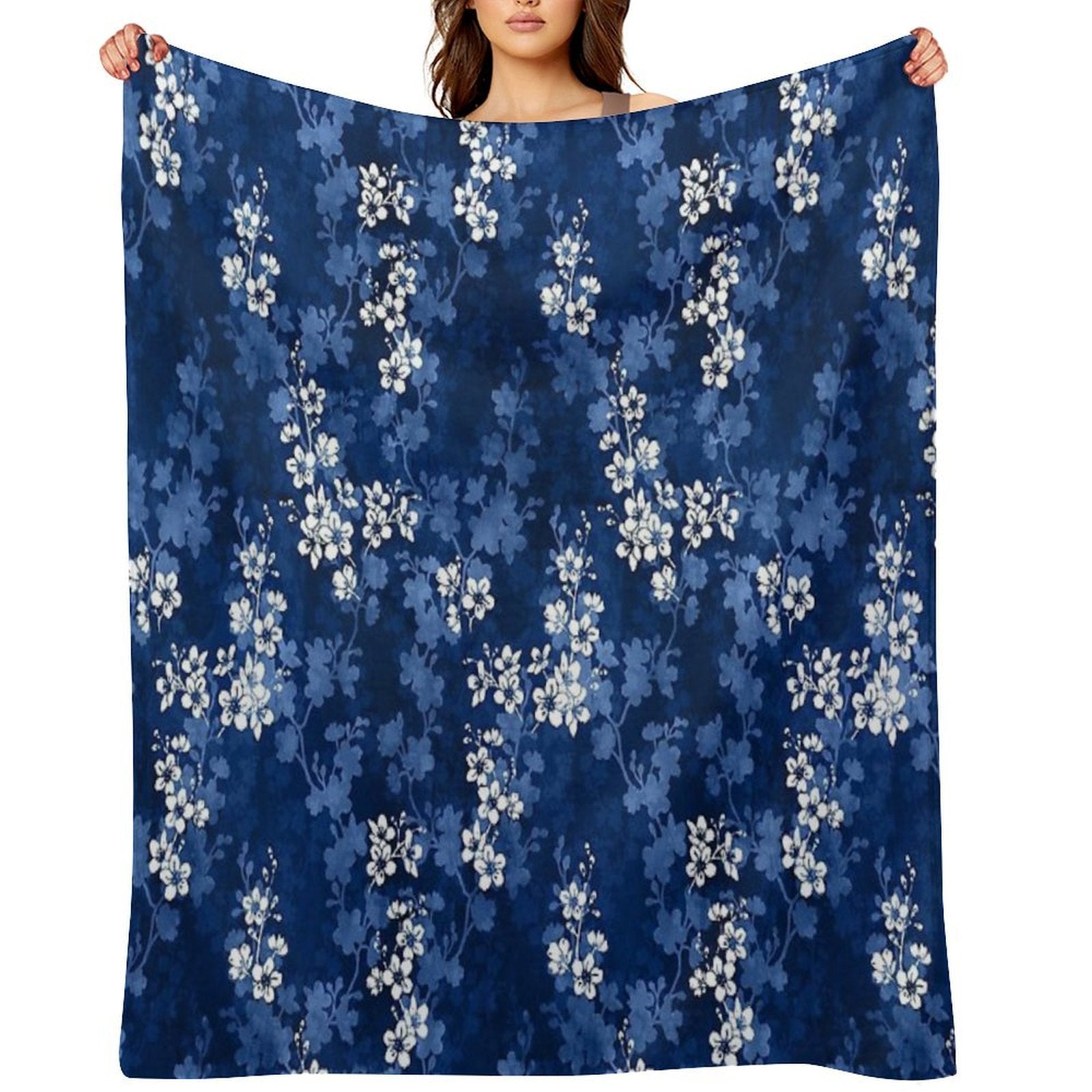 Sakura Blossom in Deep Blue Velvety-soft Throw Blanket