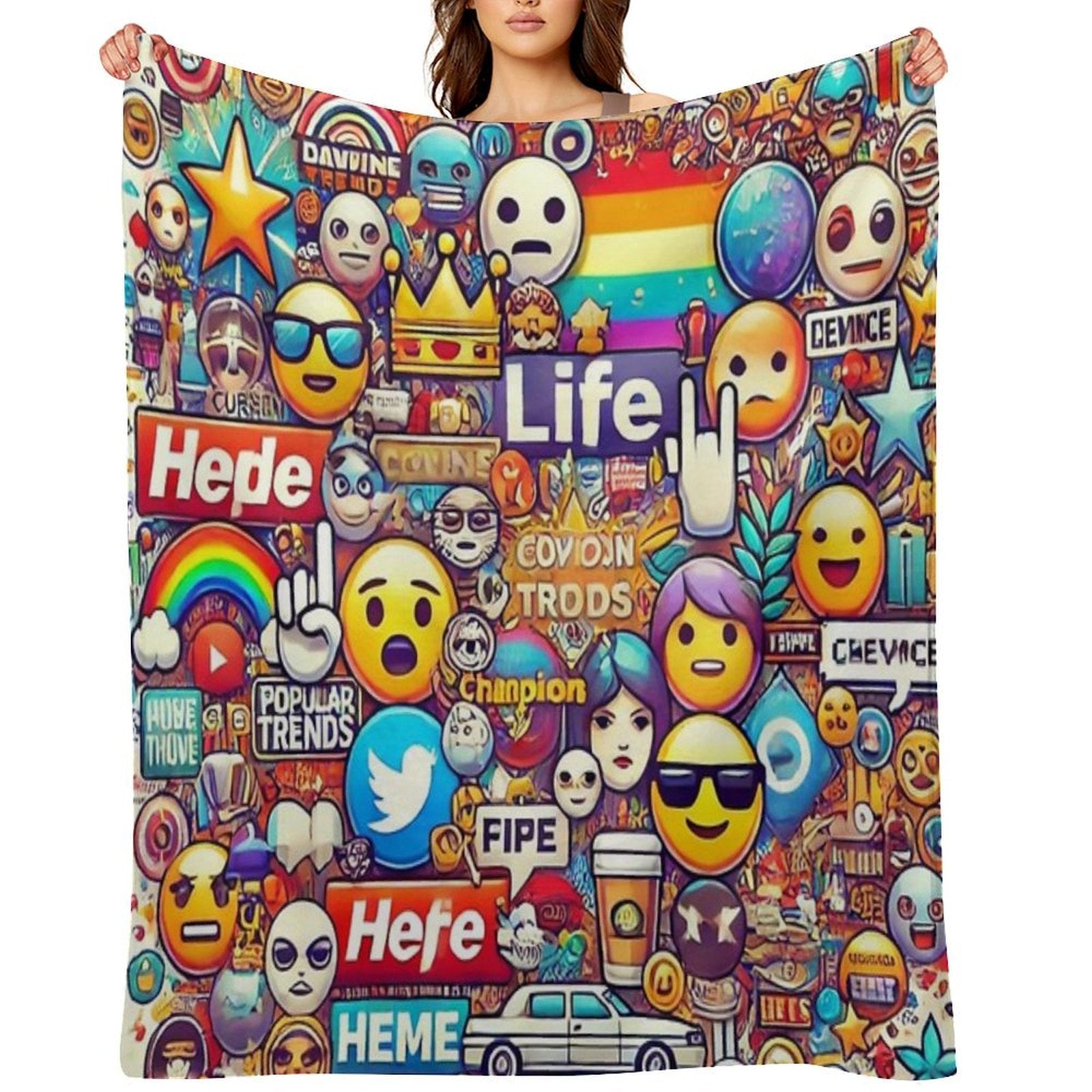 Internet Trends And Emojis Collage - Digital Pop Art Plush Throw Blanket