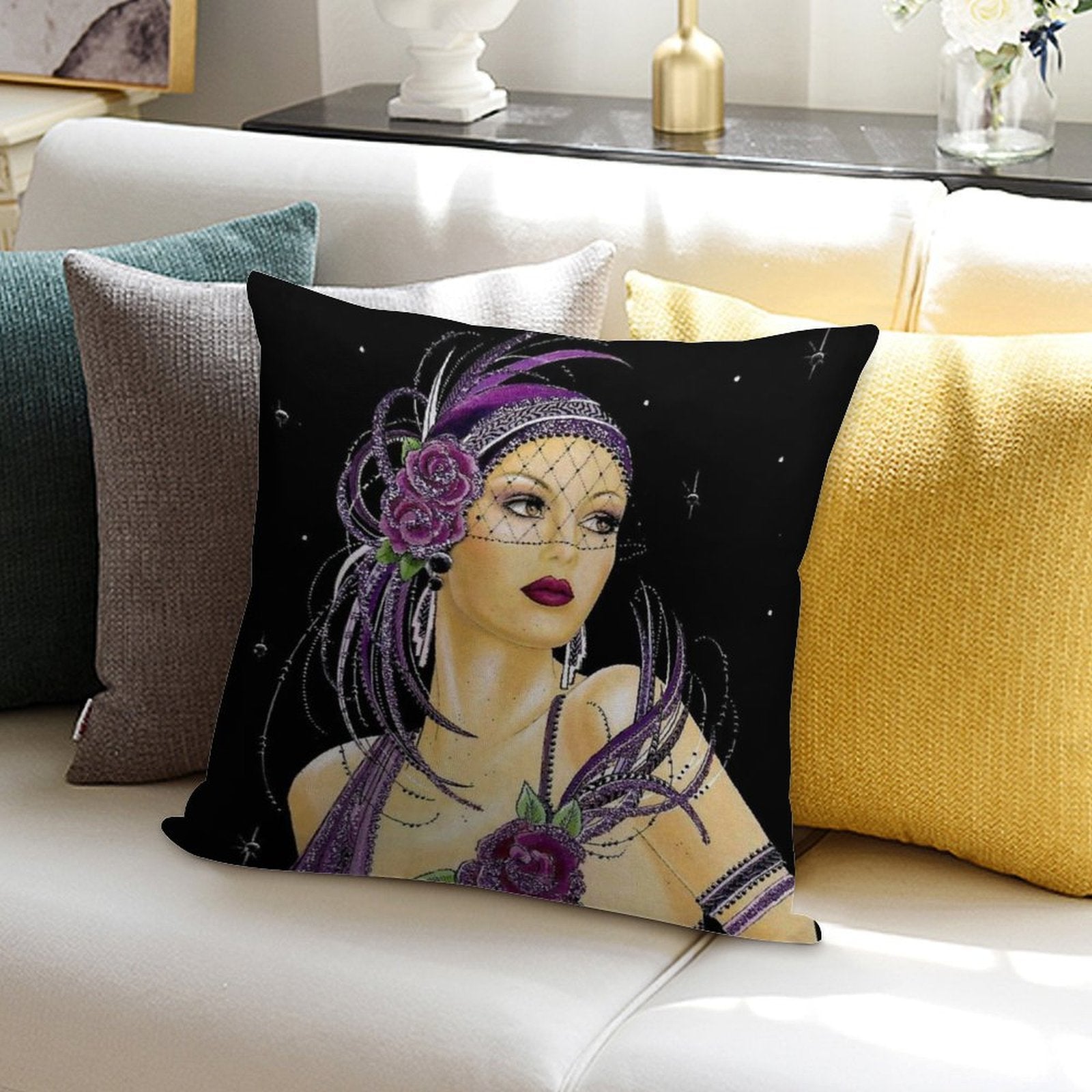 FLAPPER  Vintage 1930 Art Deco Print Soft Durable Construction Throw Pillow