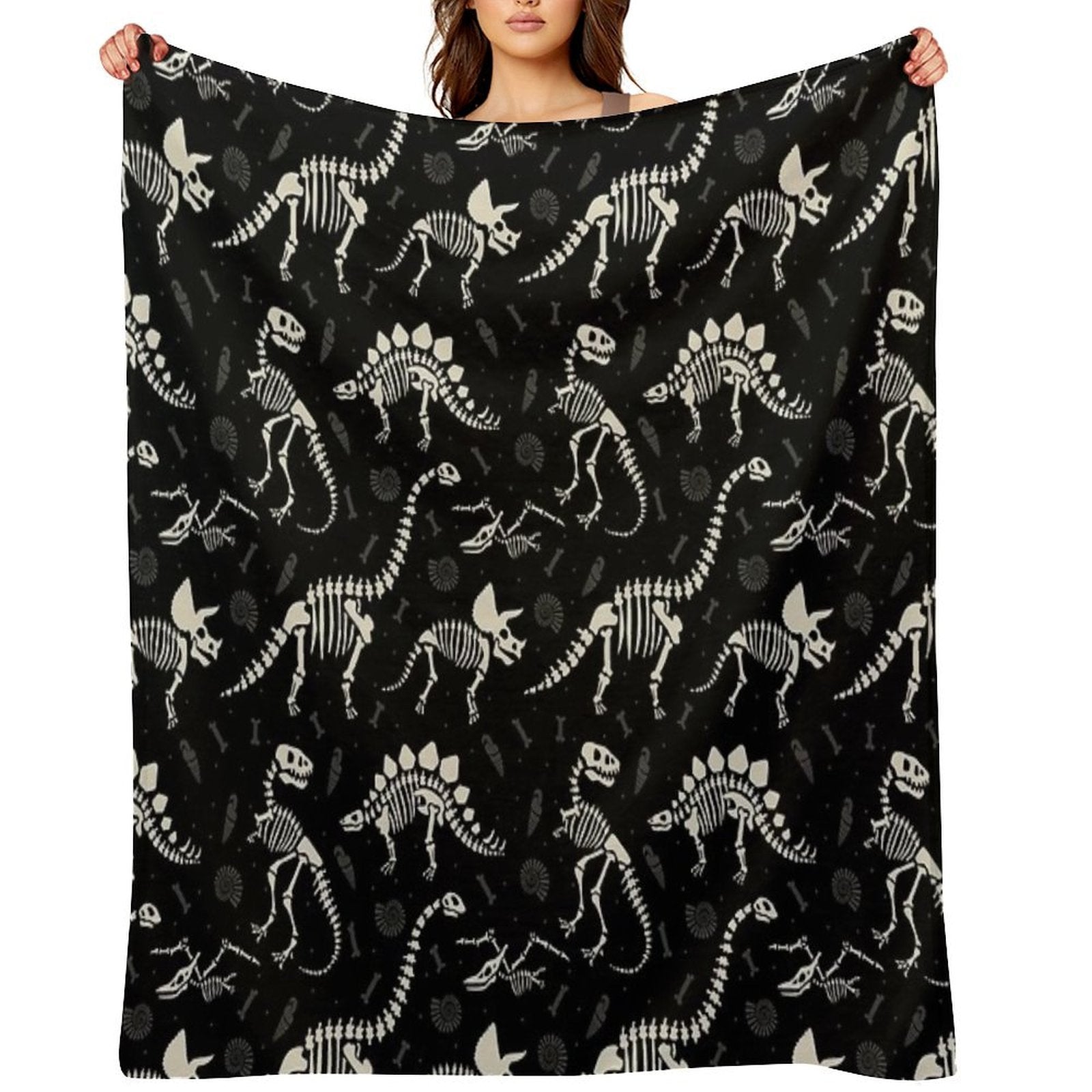 Dinosaur Fossils in Black Travel-friendly Throw Blanket