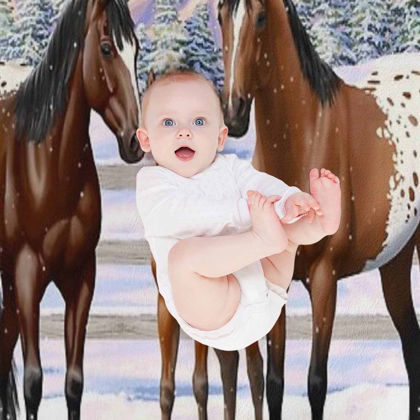 Bay Appaloosa Quarter Horses In Winter Snow Wrinkle-free Throw Blanket