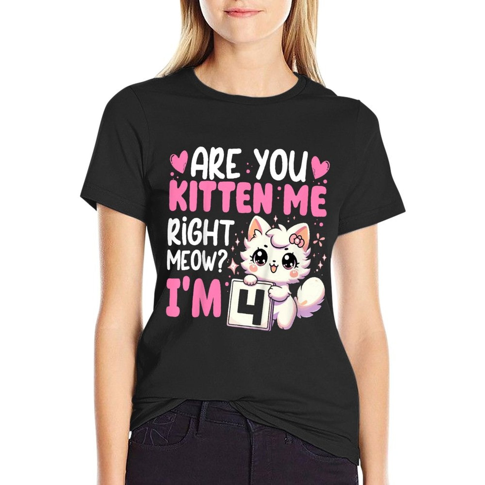 Kids 4th Birthday Girl 4yr Four 4 Year Old Kitten Cat Bday  High-quality Stitching T-Shirt
