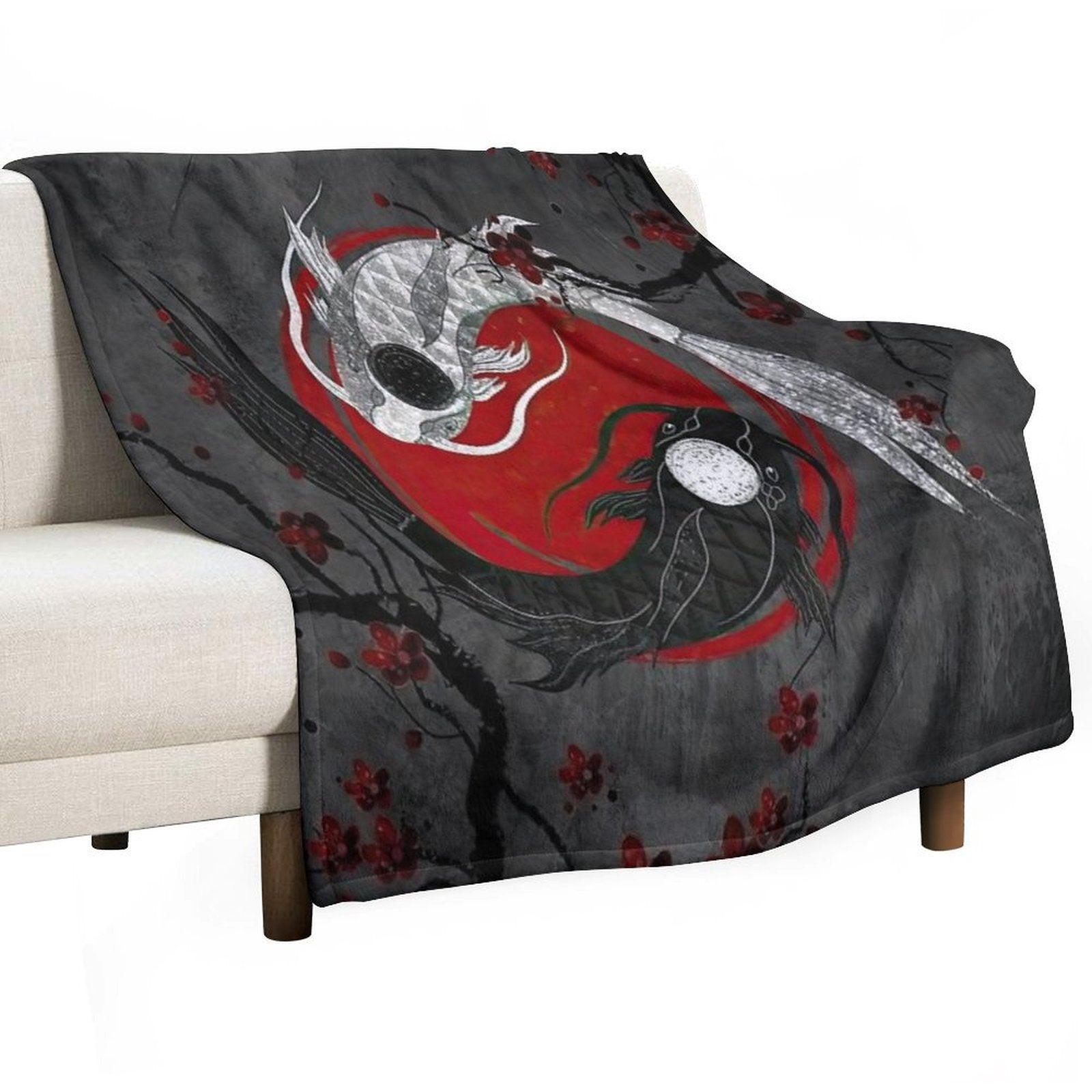 Japanese Ying Yang Koi Fish And Sakura Red & Gray Premium Throw Blanket