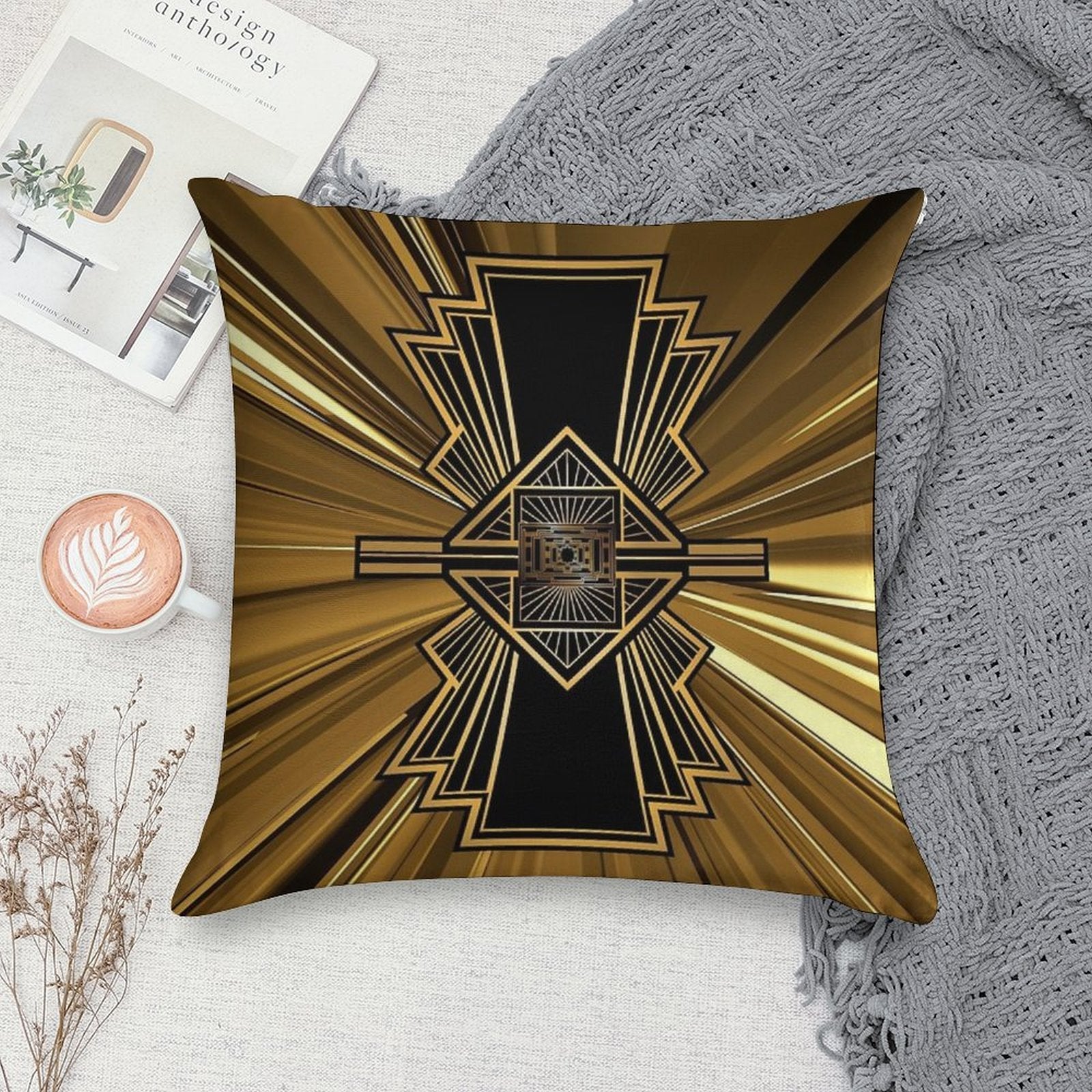 Art Deco Nouveau Black And Gold Shimmer Trendy Geometric Design Soft Short Plush Fabric Throw Pillow