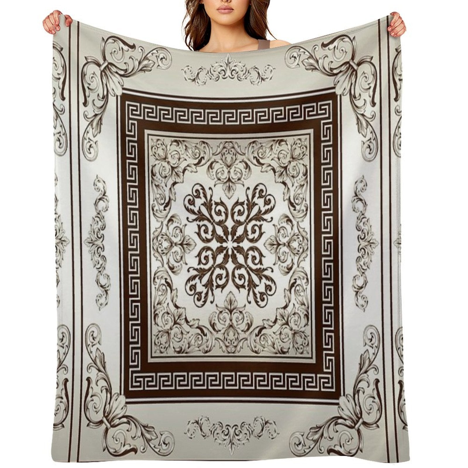 Baroque Filigree Cream And Brown Greek Meander Comfort Throw Blanket