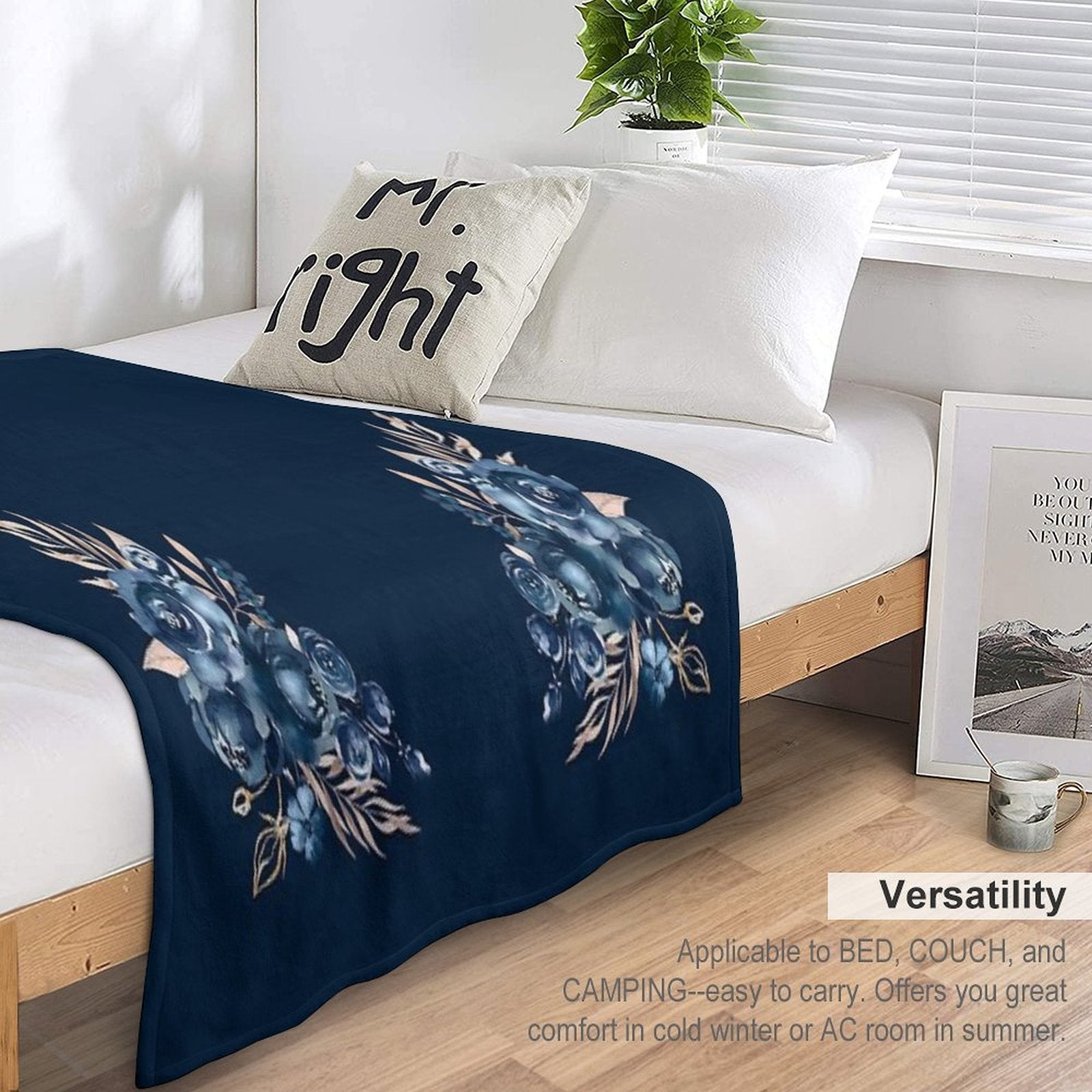 Navy Blue Floral, Watercolor Rose, Aesthetic Premium Throw Blanket
