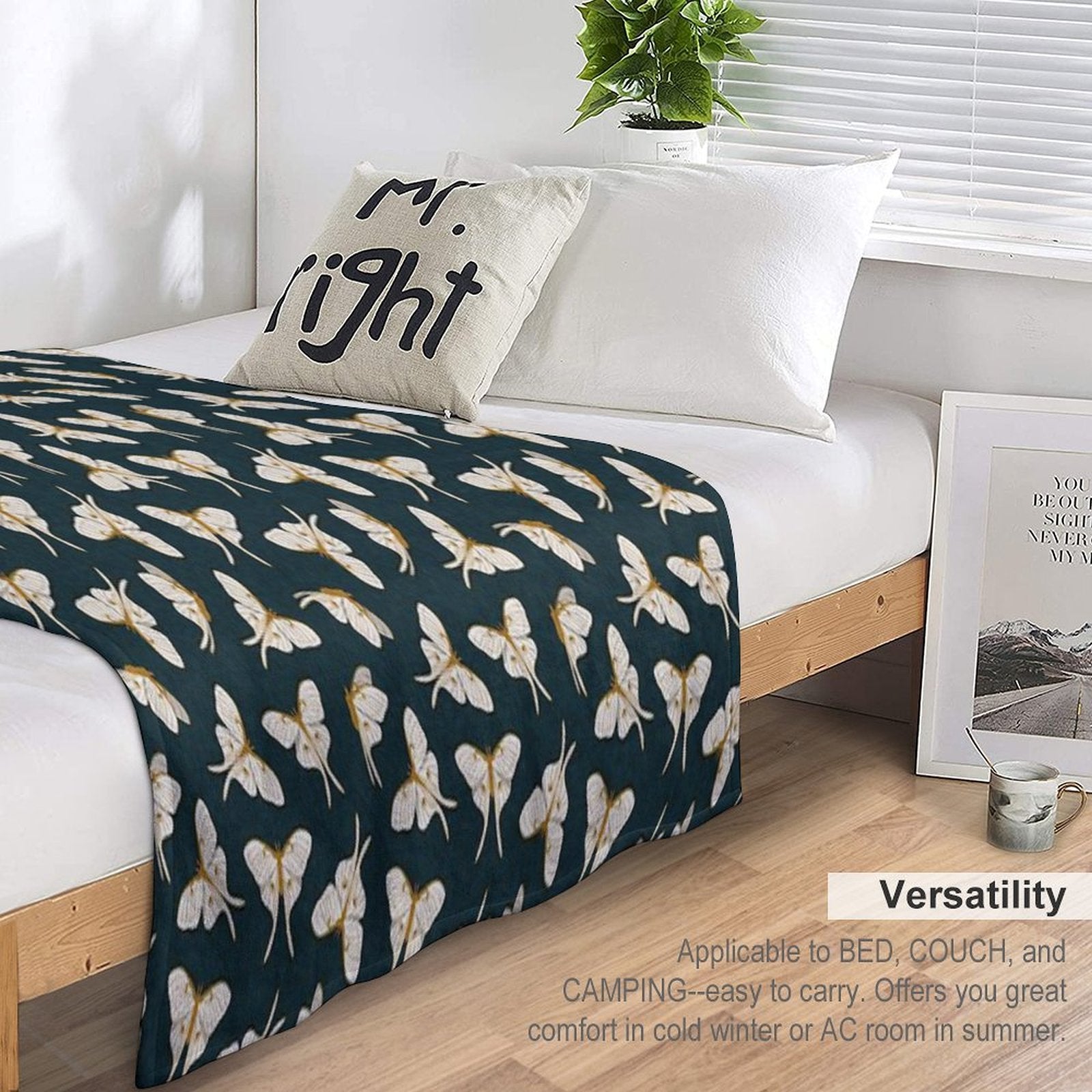 Luna Moth - Gold on Dark Teal Shrink-resistant Throw Blanket