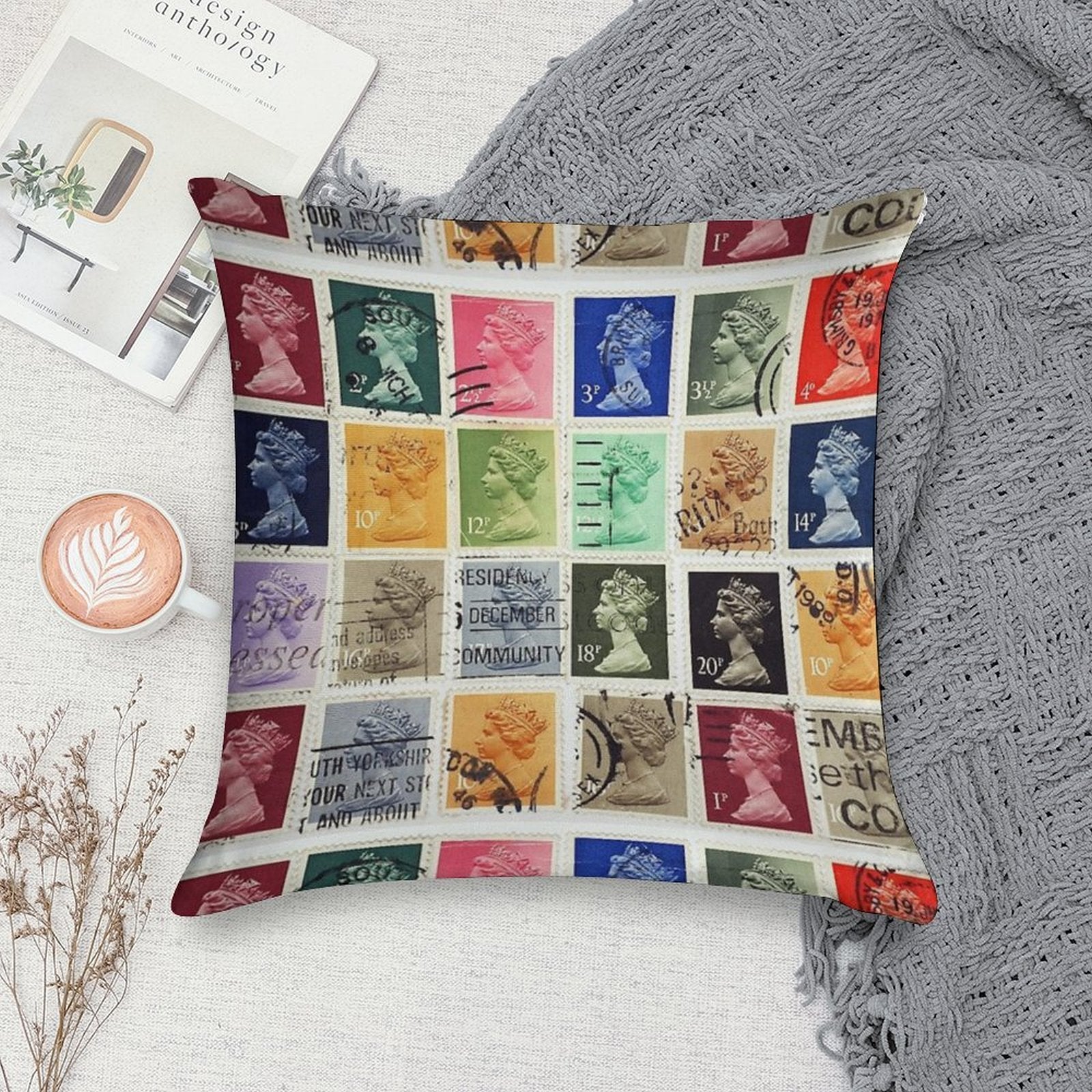 British Postage Stamps with A Queen Elizabeth Profile. Soft Luxury Feel Throw Pillow
