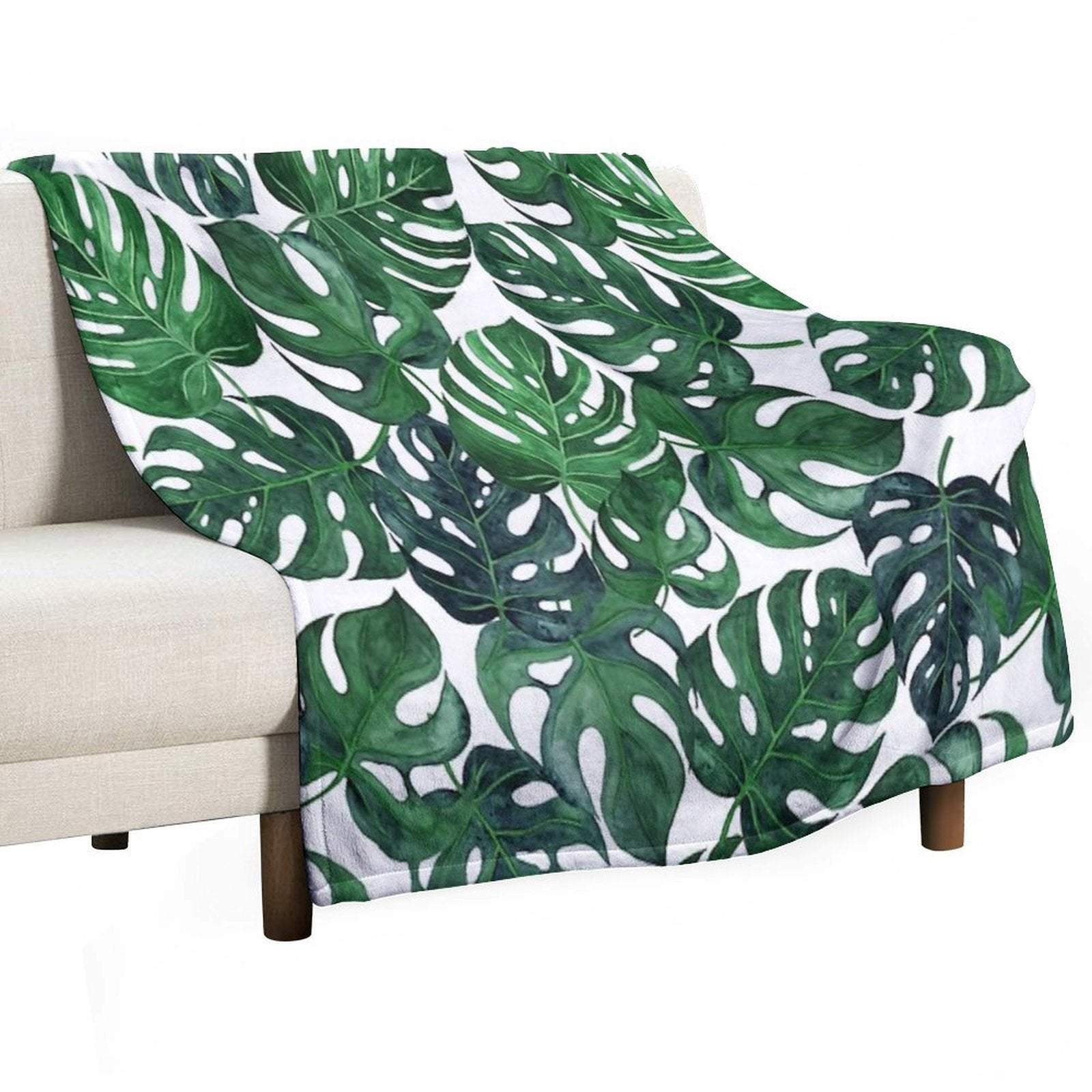 Tropical Monstera Leaves - Dark Emerald Green Machine-washable Throw Blanket