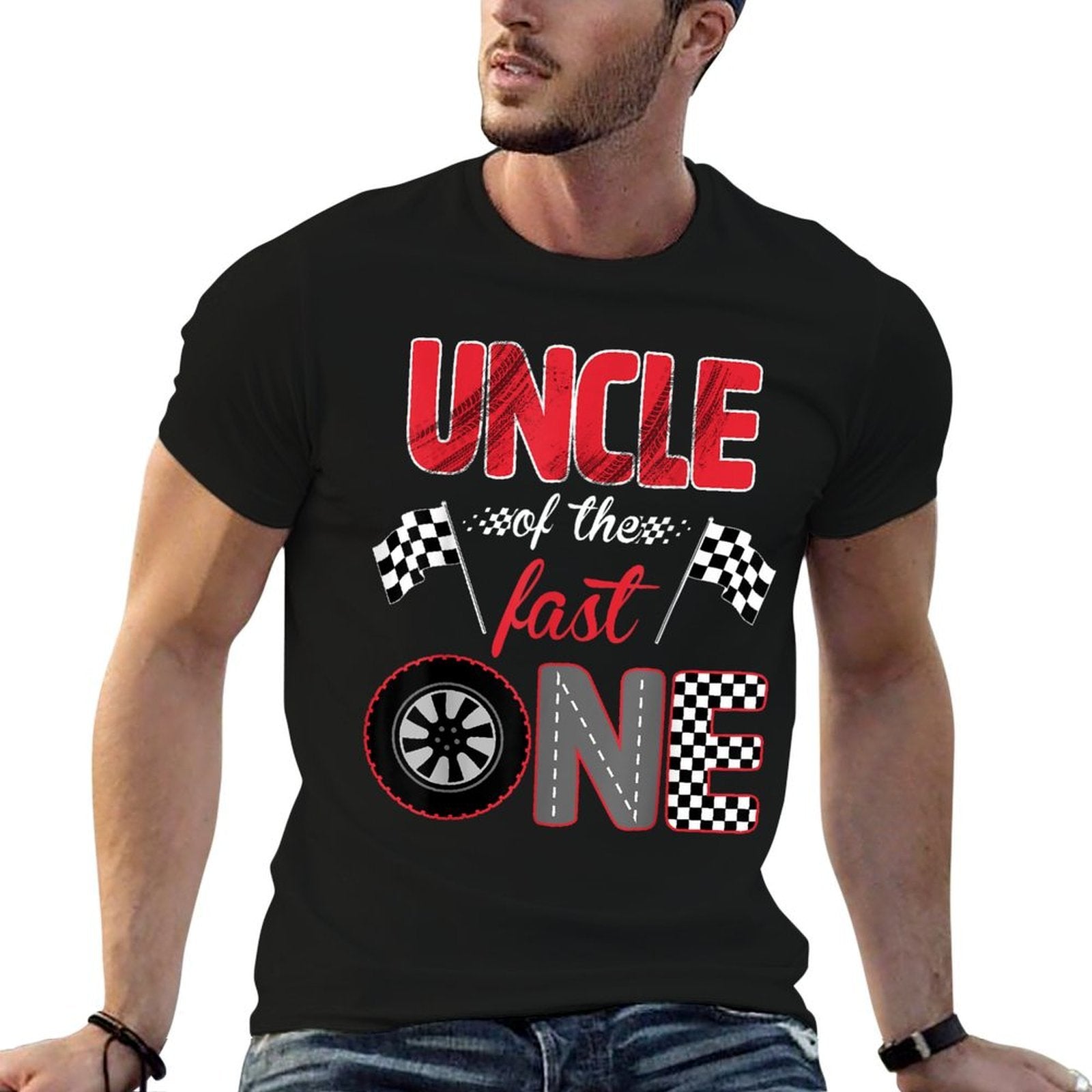 Uncle Of The Fast One Birthday 1st Race Car Family  Heathered Texture T-Shirt
