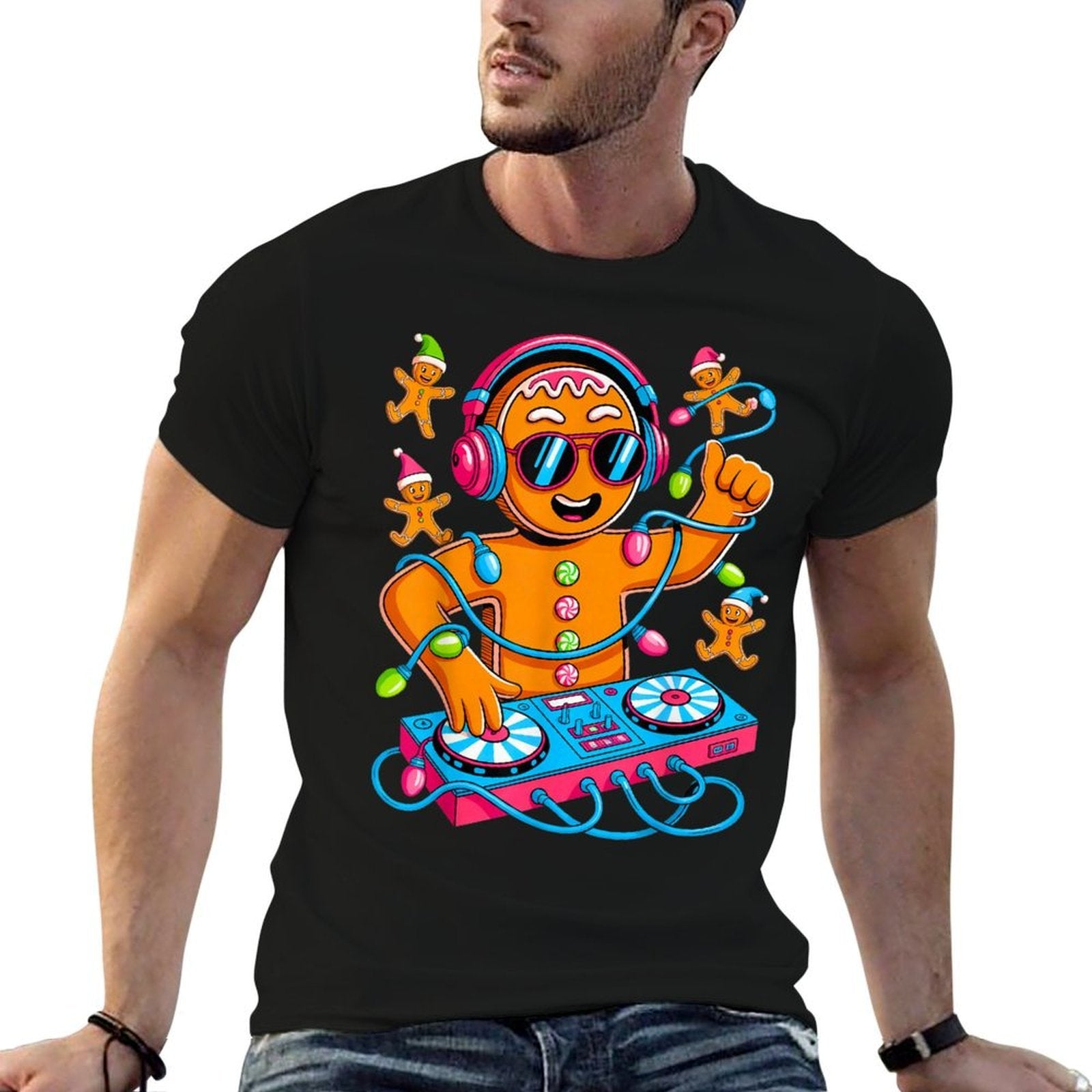 Retro Christmas House Music Gingerbread DJ Techno Rave EDM  Rolled Sleeves T-Shirt