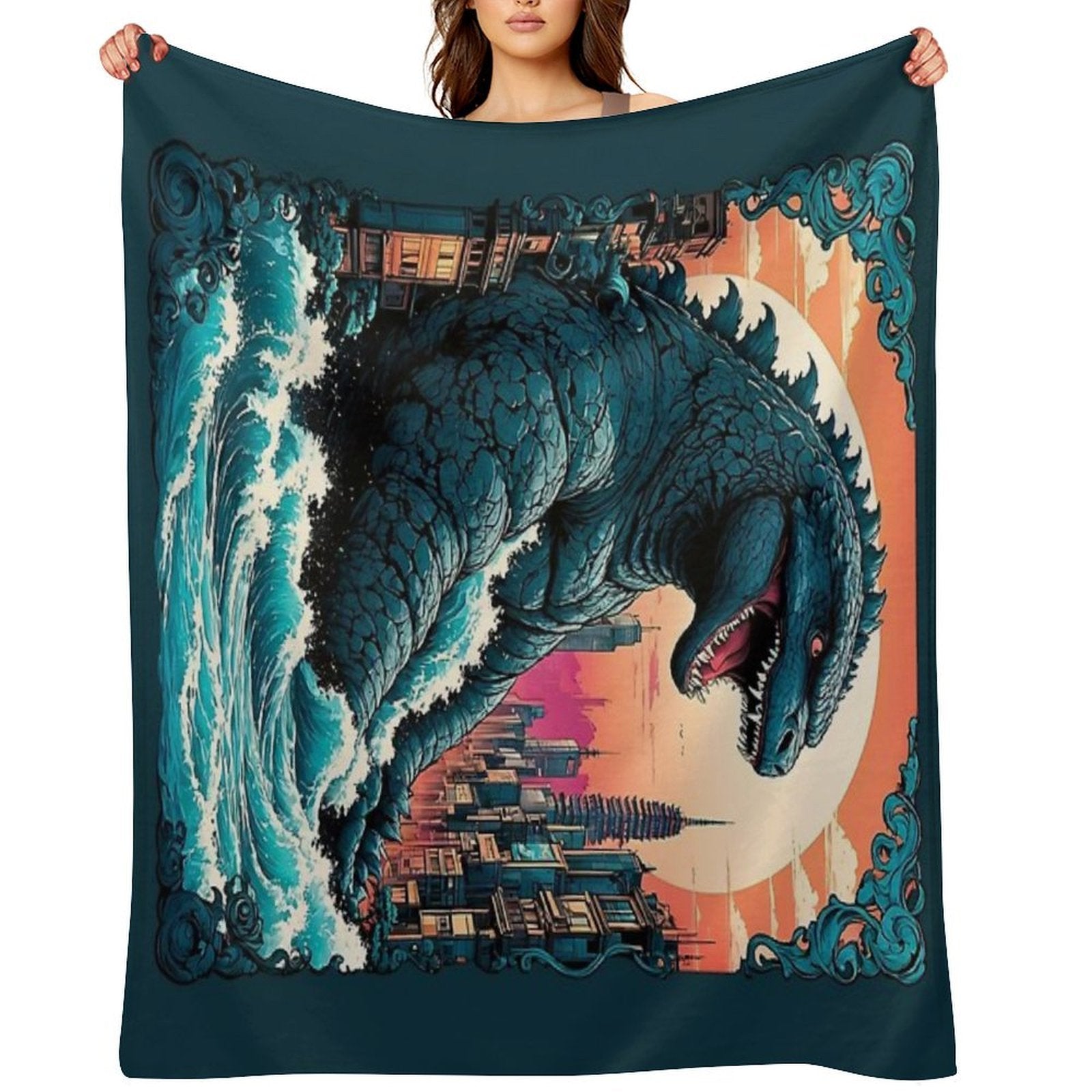 Godzilla Gojira Tokyo City Retro Vintage Ornamental Design Durable Throw Blanket