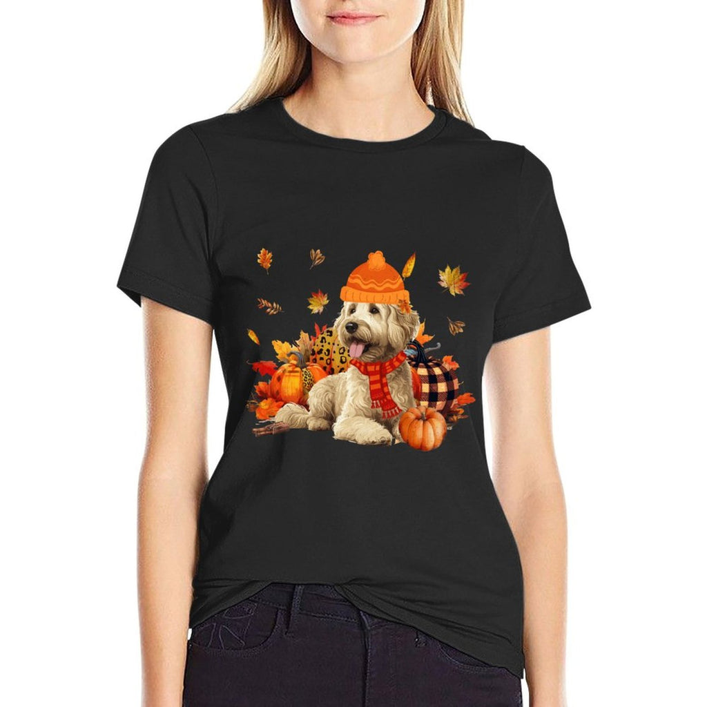 Goldendoodle Dog Fall Scarf Leopard Pumpkins Autumn Leaves  Polyester Blend T-Shirt