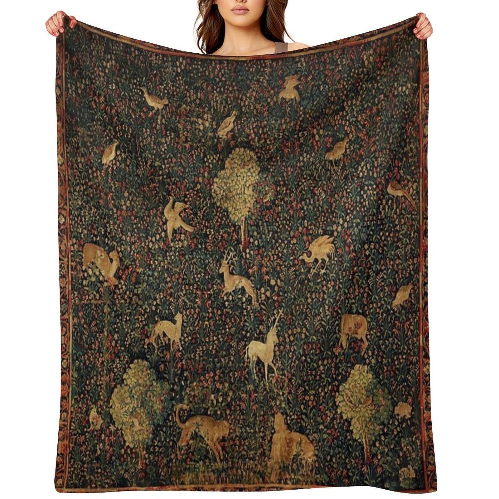 UNICORN AND MEDIEVAL BESTIARY Millefleurs Red Green Floral Tapestry ,Forest Animals, Premium Throw Blanket