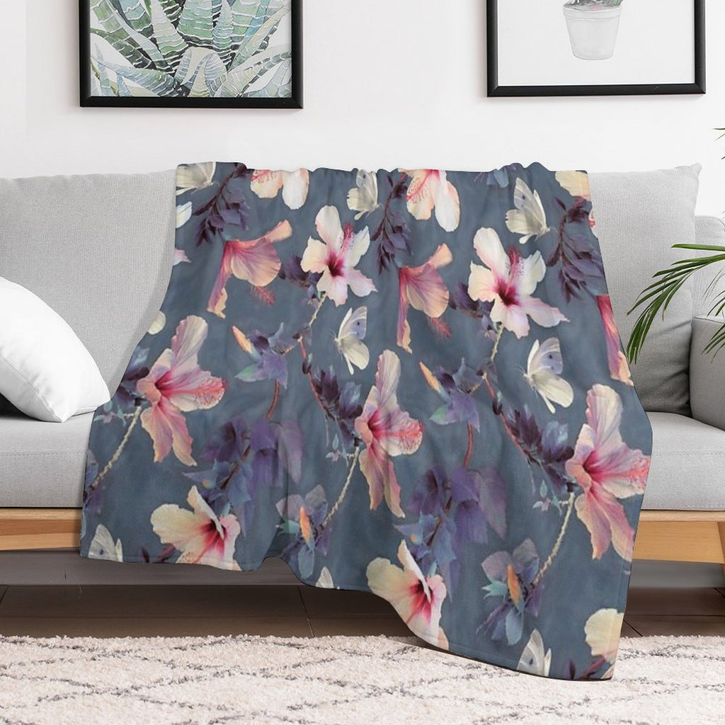 Butterflies And Hibiscus Flowers - A Painted Pattern Plush Throw Blanket