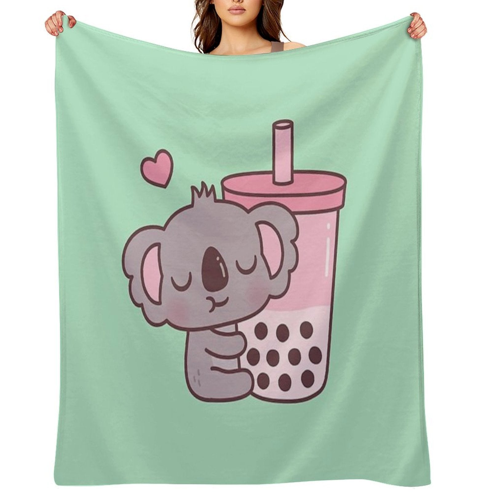 Cute Koala Loves Strawberry Bubble Tea Sustainable Throw Blanket