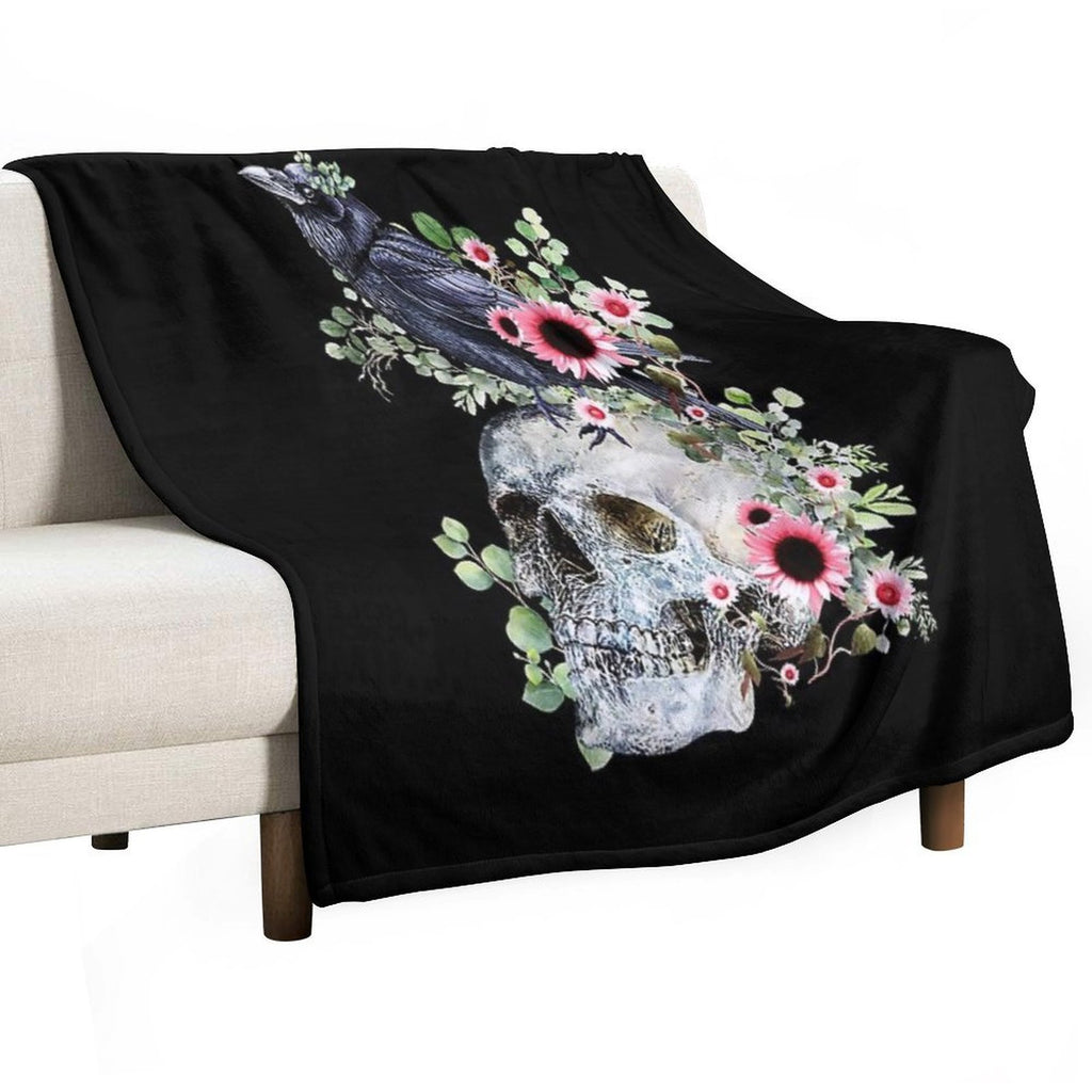 Black Raven with Skull And Leaves Crow, Skeleton Leaves Eucaliptus And Pink Sunflowers Machine-washable Throw Blanket