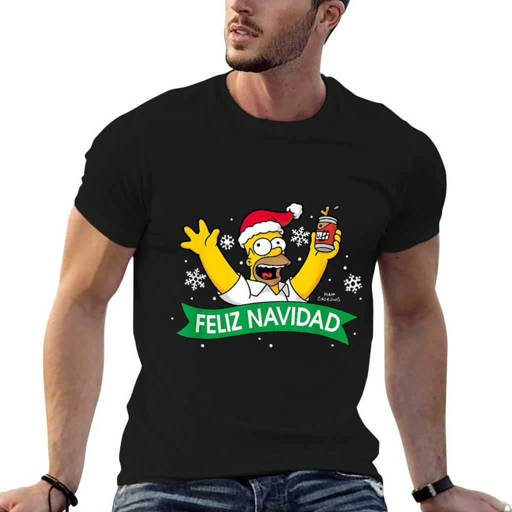 The Simpsons Christmas Feliz Navidad Cheering Homer Portrait  Trendy Pattern T-Shirt