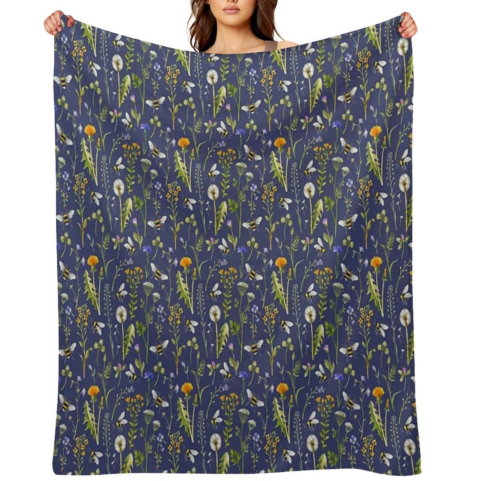 Bees And Wildflowers  Dark Blue Easy Care Throw Blanket