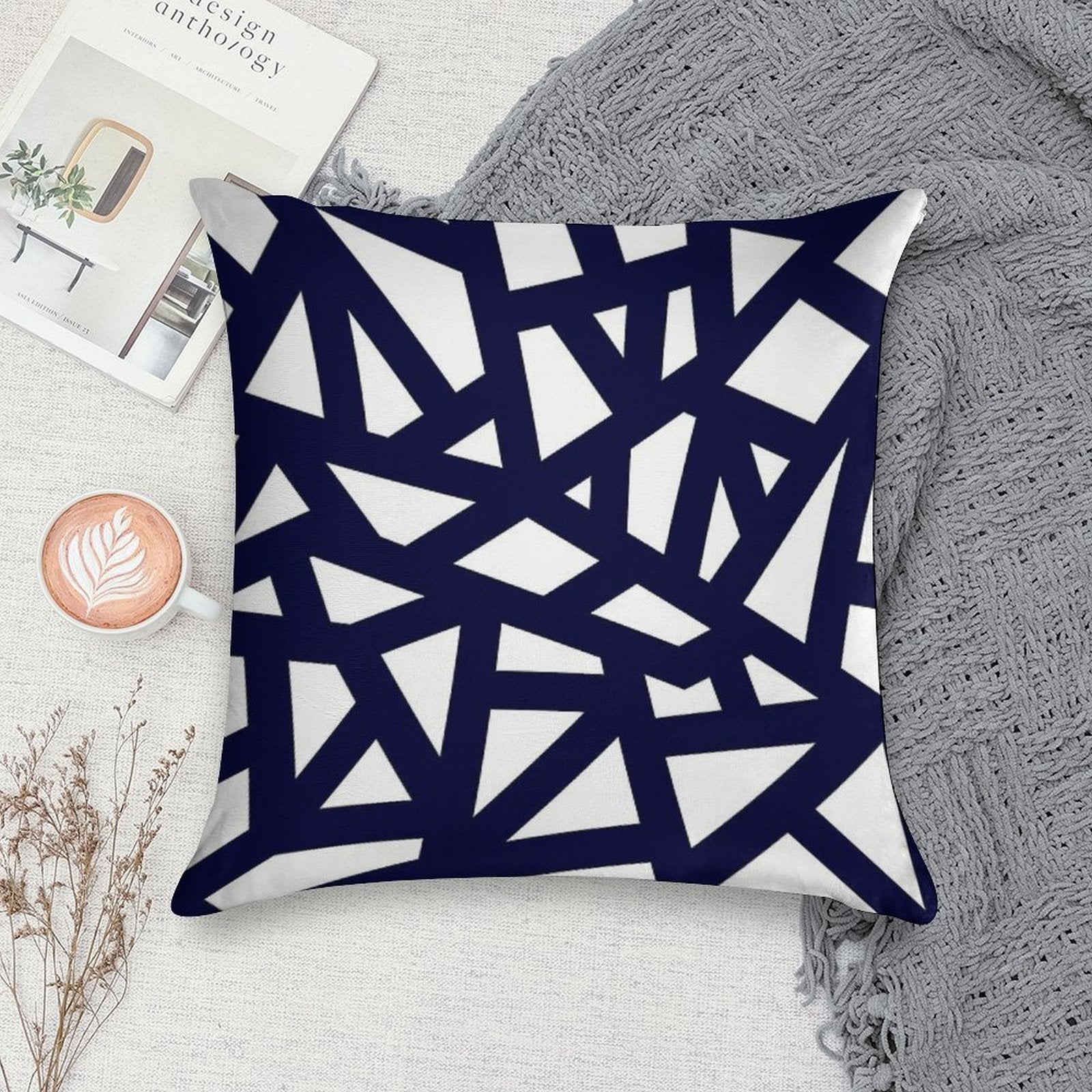 Navy Blue Thick Mosaic Lines On White Soft Luxury Feel Throw Pillow