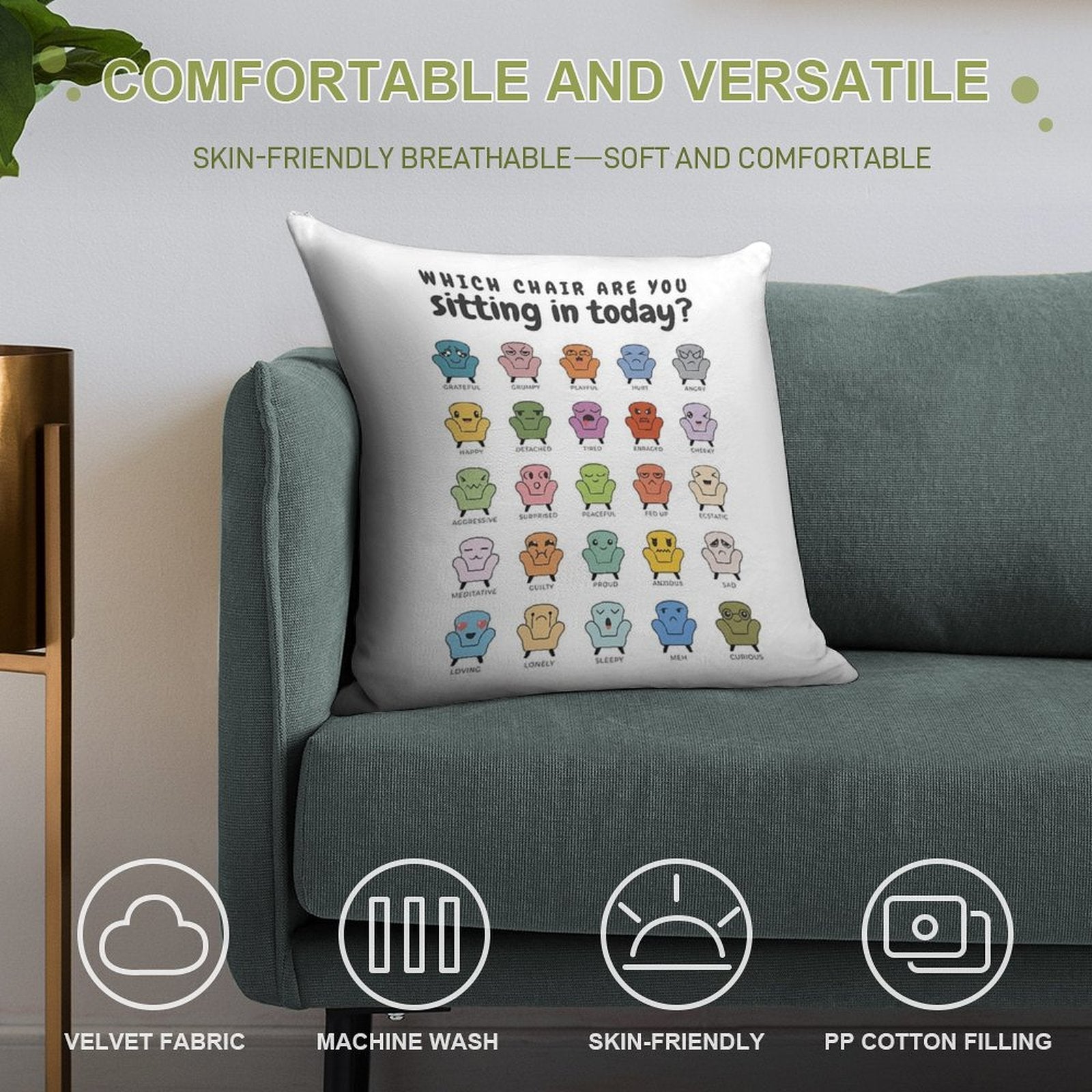 Chair Feelings, Emotions Chart, Mental Health, Therapy Office, Therapist Gift, Counsellor Tools, School Counselor, Mood Chart, S Soft Short Plush Fabric Throw Pillow