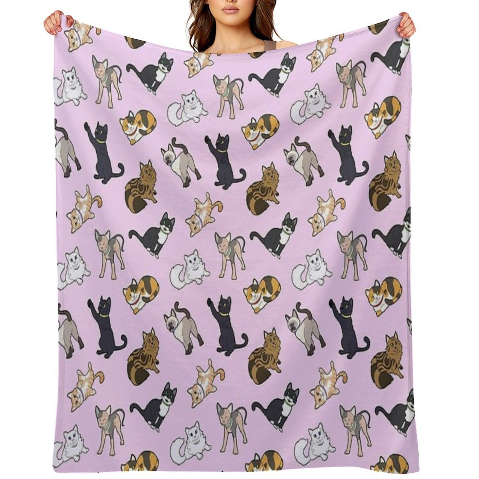 Cat Pattern - Pink Machine-washable Throw Blanket