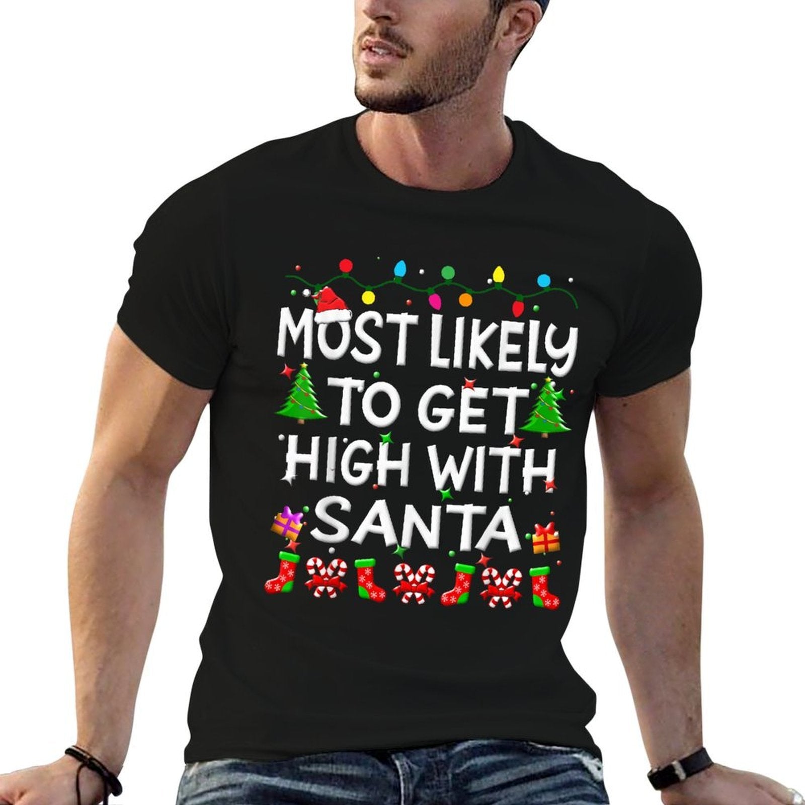 Most Likely To Get High With Santa Christmas Funny Adult Men  Polyester Blend T-Shirt