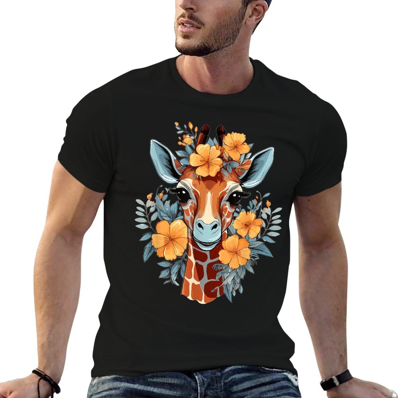 Colorful Giraffe With Flower I Giraffe  Odor-resistant T-Shirt