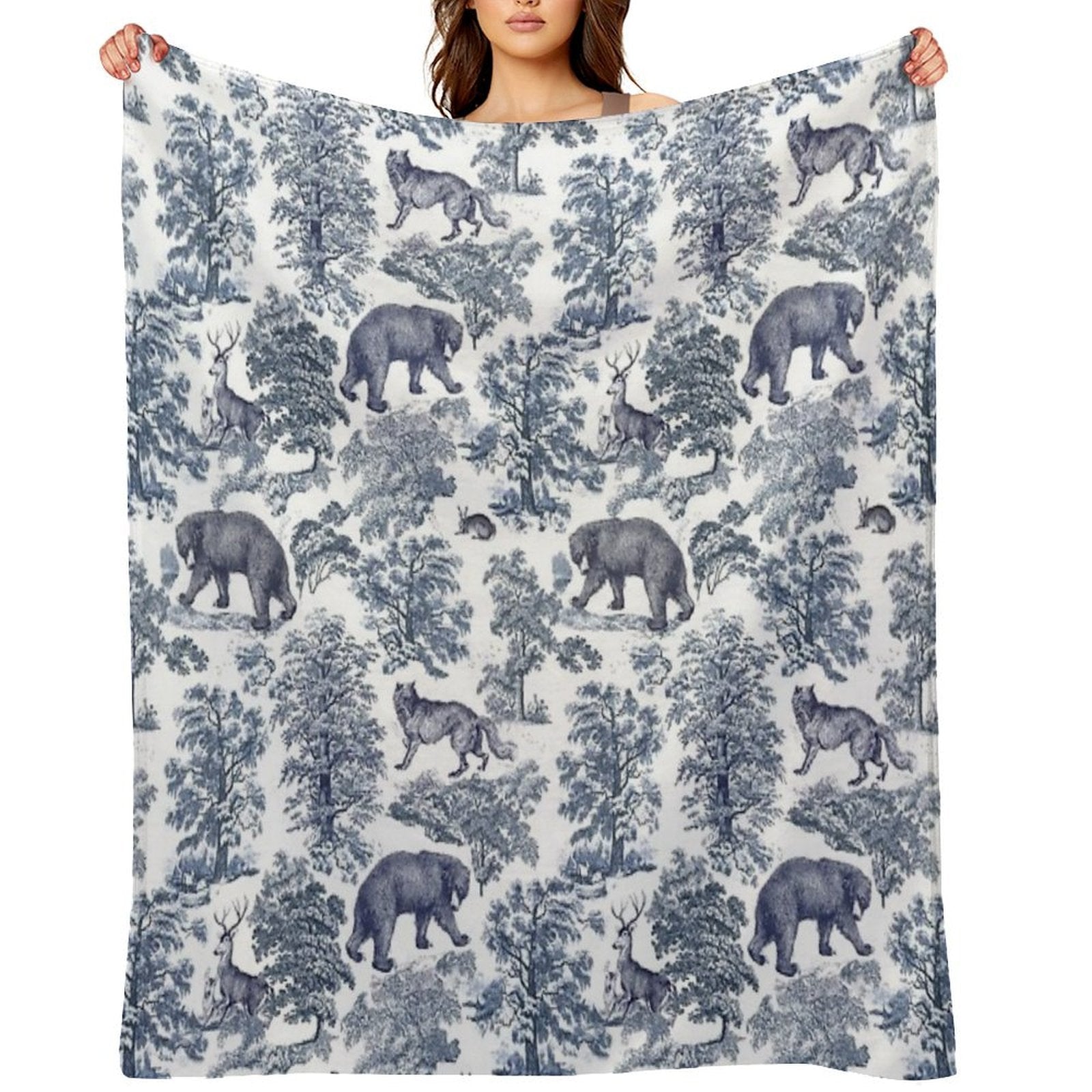 Elegant Vintage Blue Bear Forest Animals Toile Pattern Travel-friendly Throw Blanket