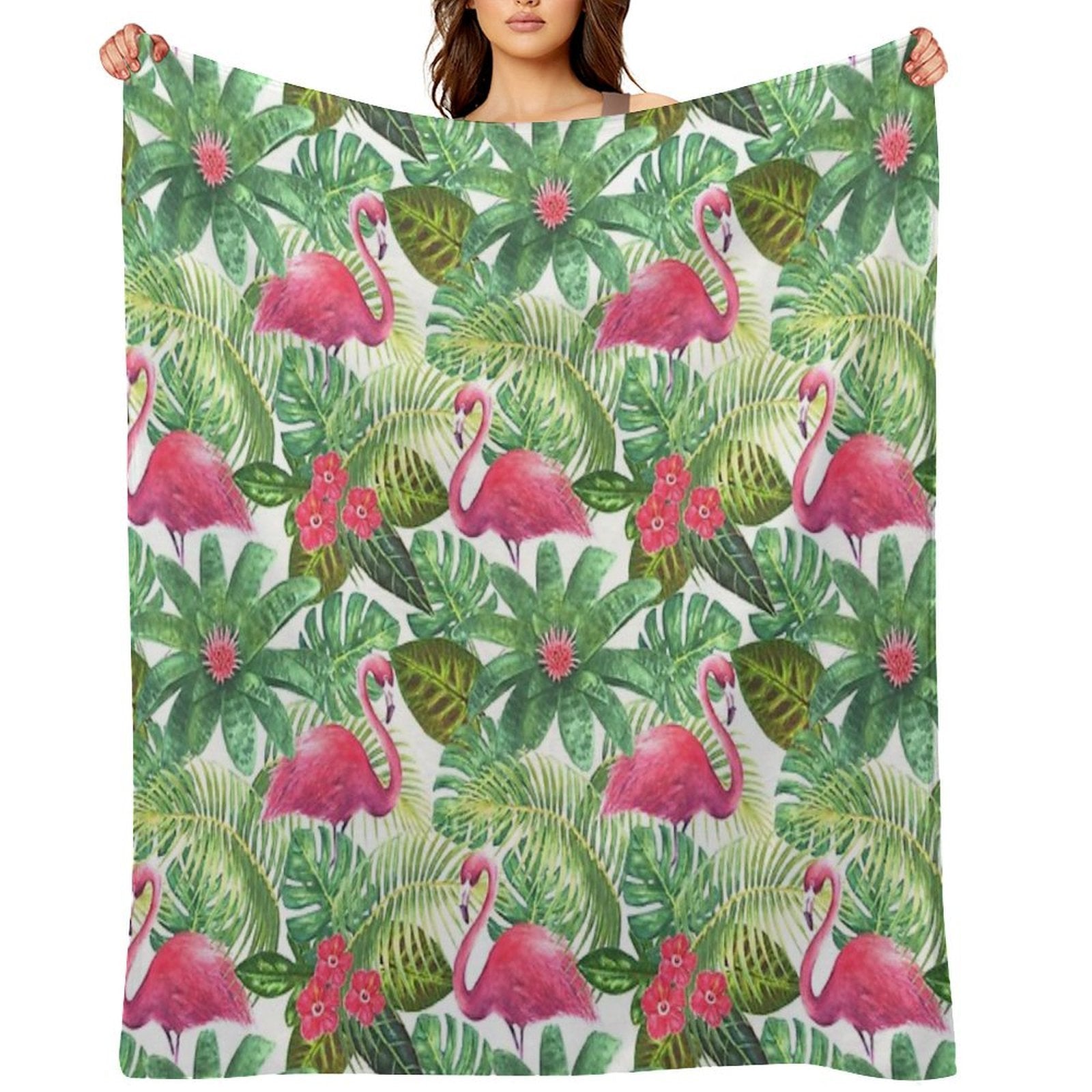 Tropical Exotic Seamless Pattern with Pink Flamingos on White Background Premium Throw Blanket