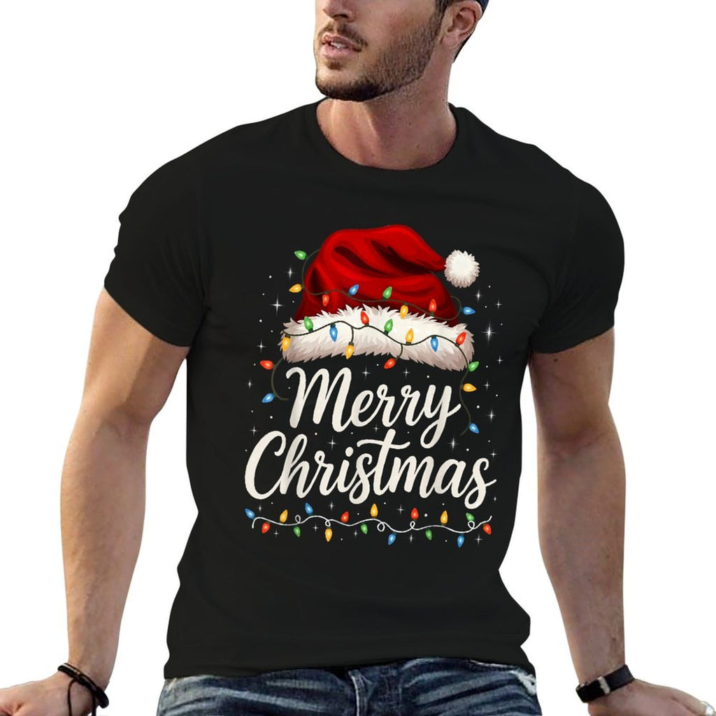 Merry Christmas Lights Red Santa Hat Xmas Family Men Women  Cotton T-Shirt
