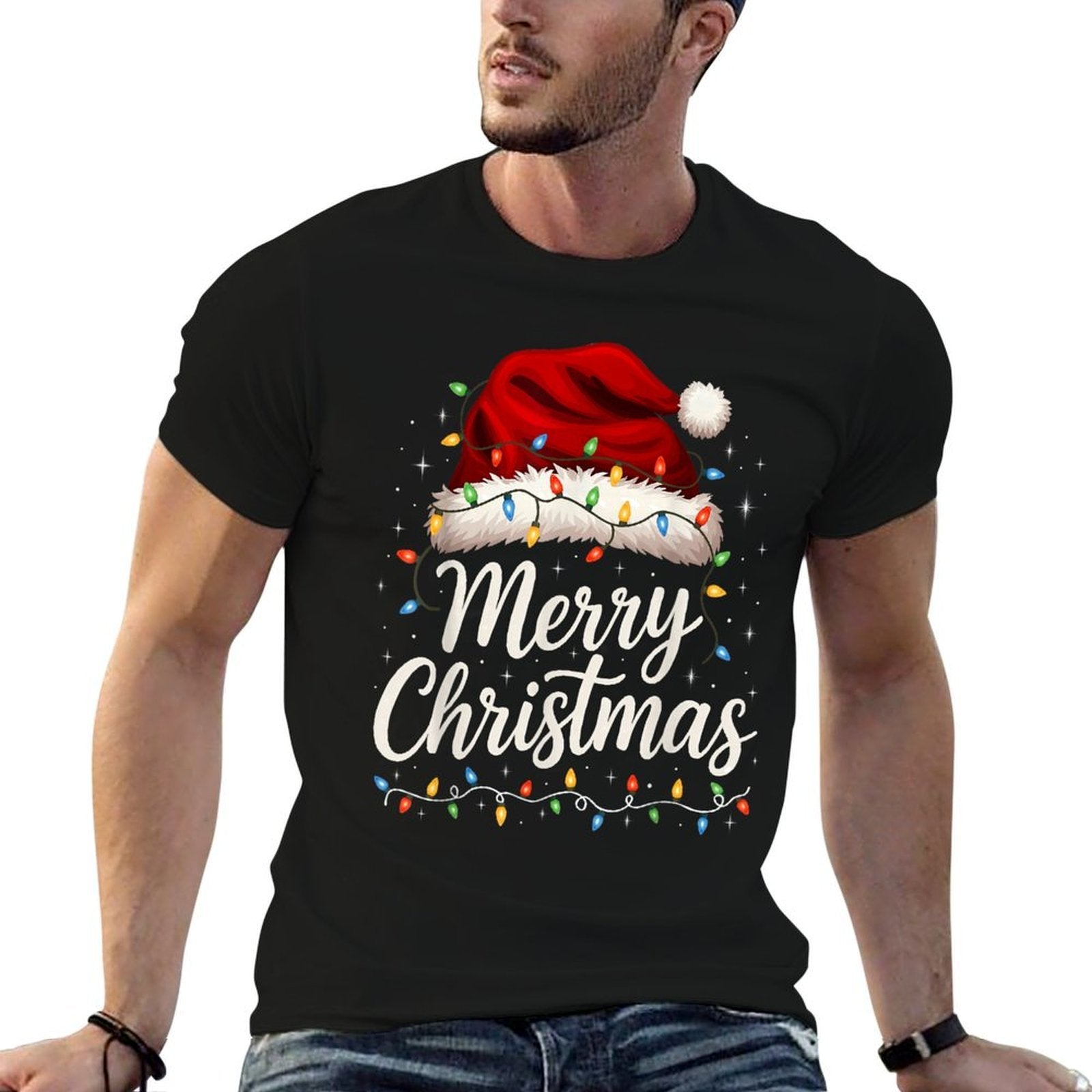 Merry Christmas Lights Red Santa Hat Xmas Family Men Women  Cotton T-Shirt