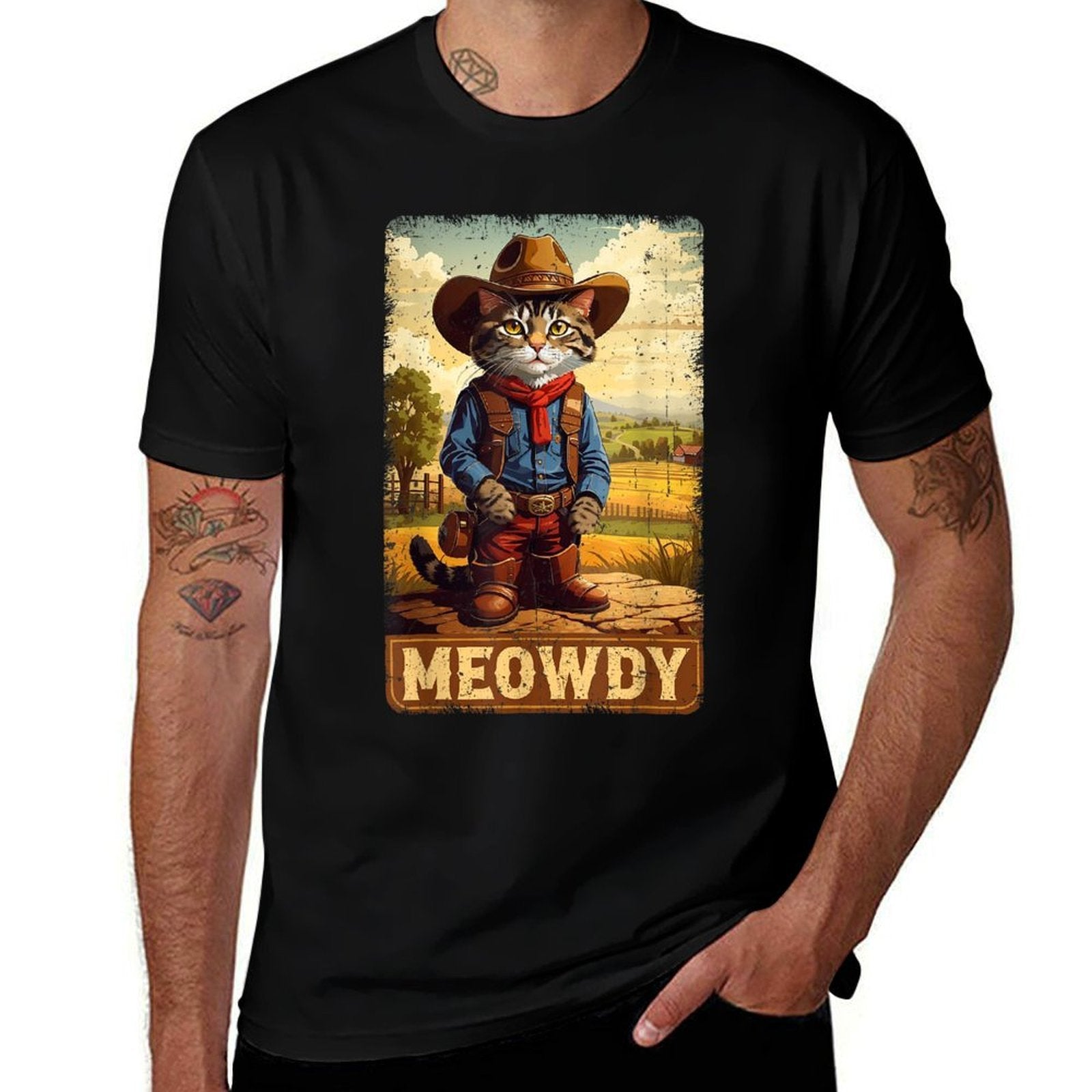 Meowdy Funny Country Side Cat Hat Vintage Cowboy Cat  Eco-friendly Material T-Shirt