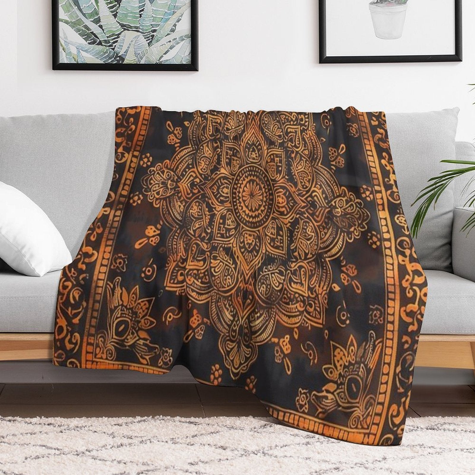 Stunning Brown And Orange Delicate Detailed Mandala Square Travel-friendly Throw Blanket