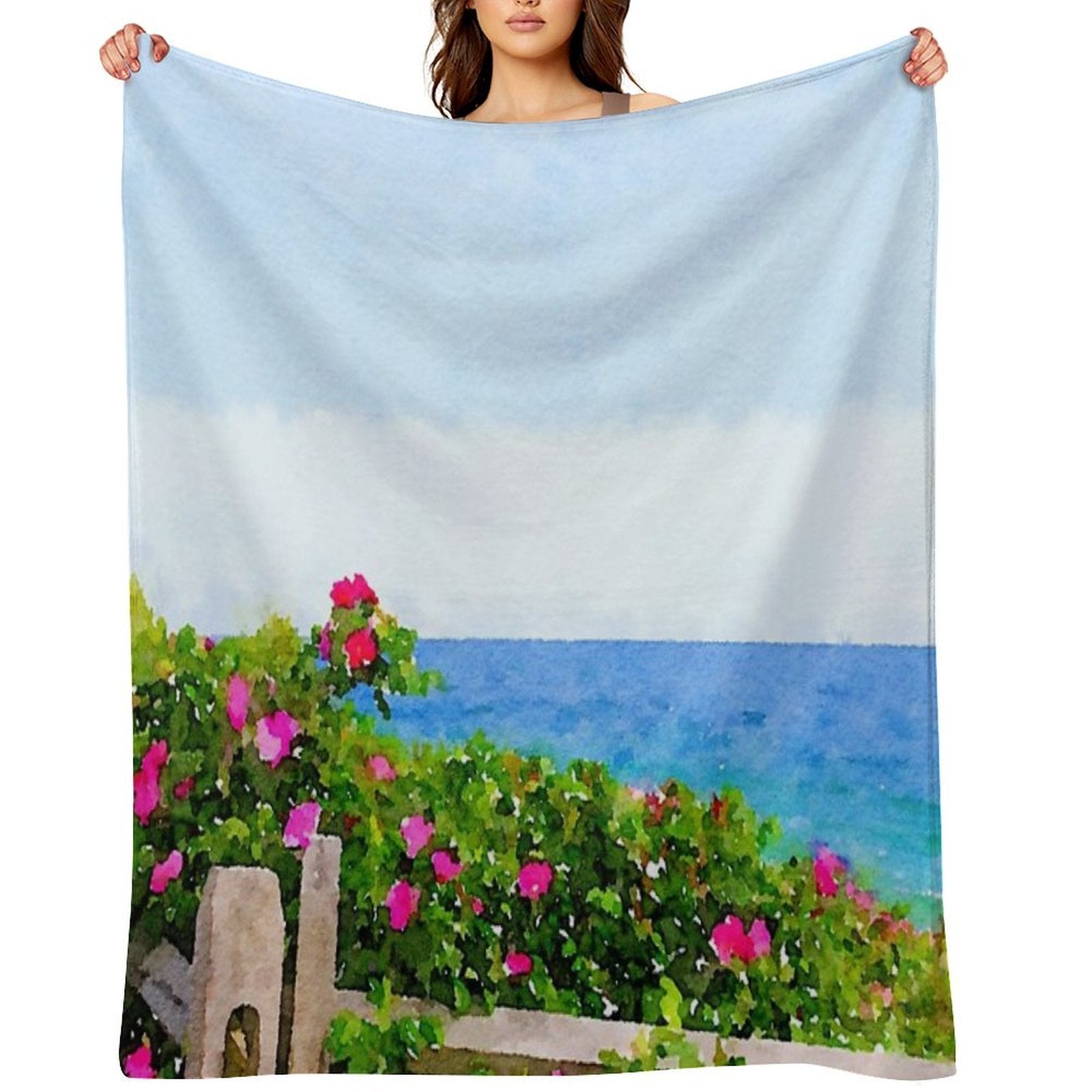 Beach Rose Along Ocean Watercolor Multi-functional Throw Blanket