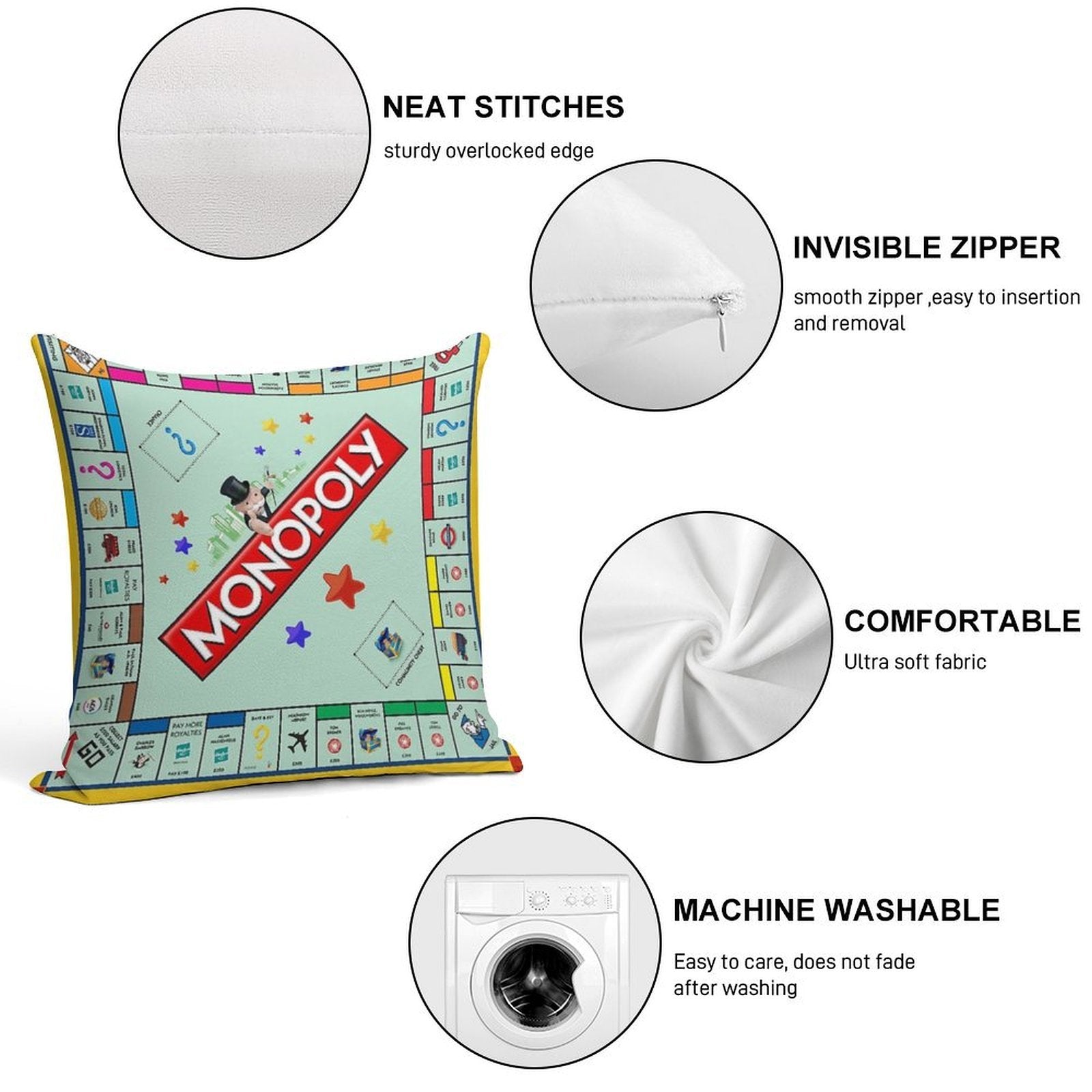 Monopoly Board Game Classic Soft Short Plush Fabric Throw Pillow