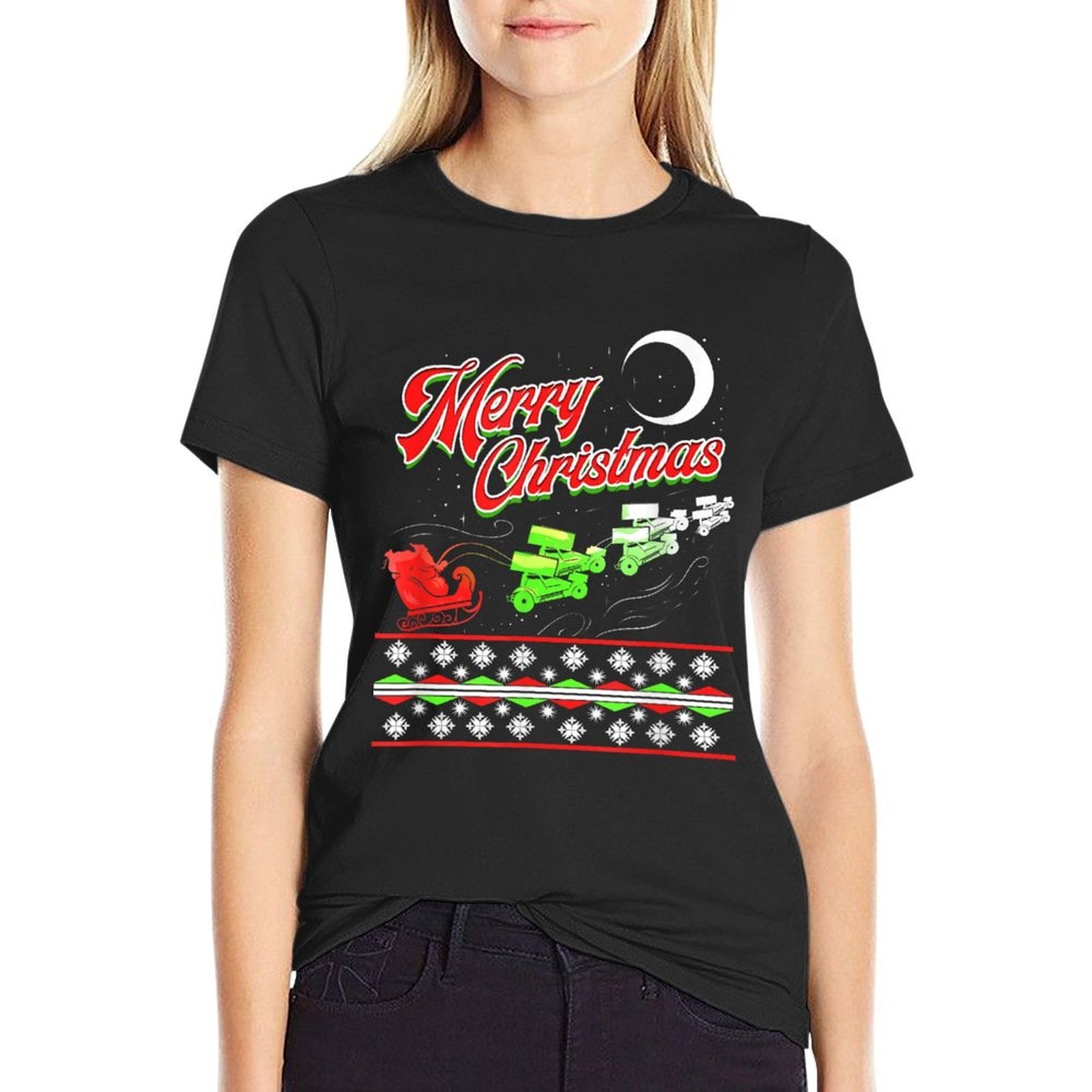 Sprint Car Racing Christmas Santa Sleigh Motorsports  Heathered Texture T-Shirt