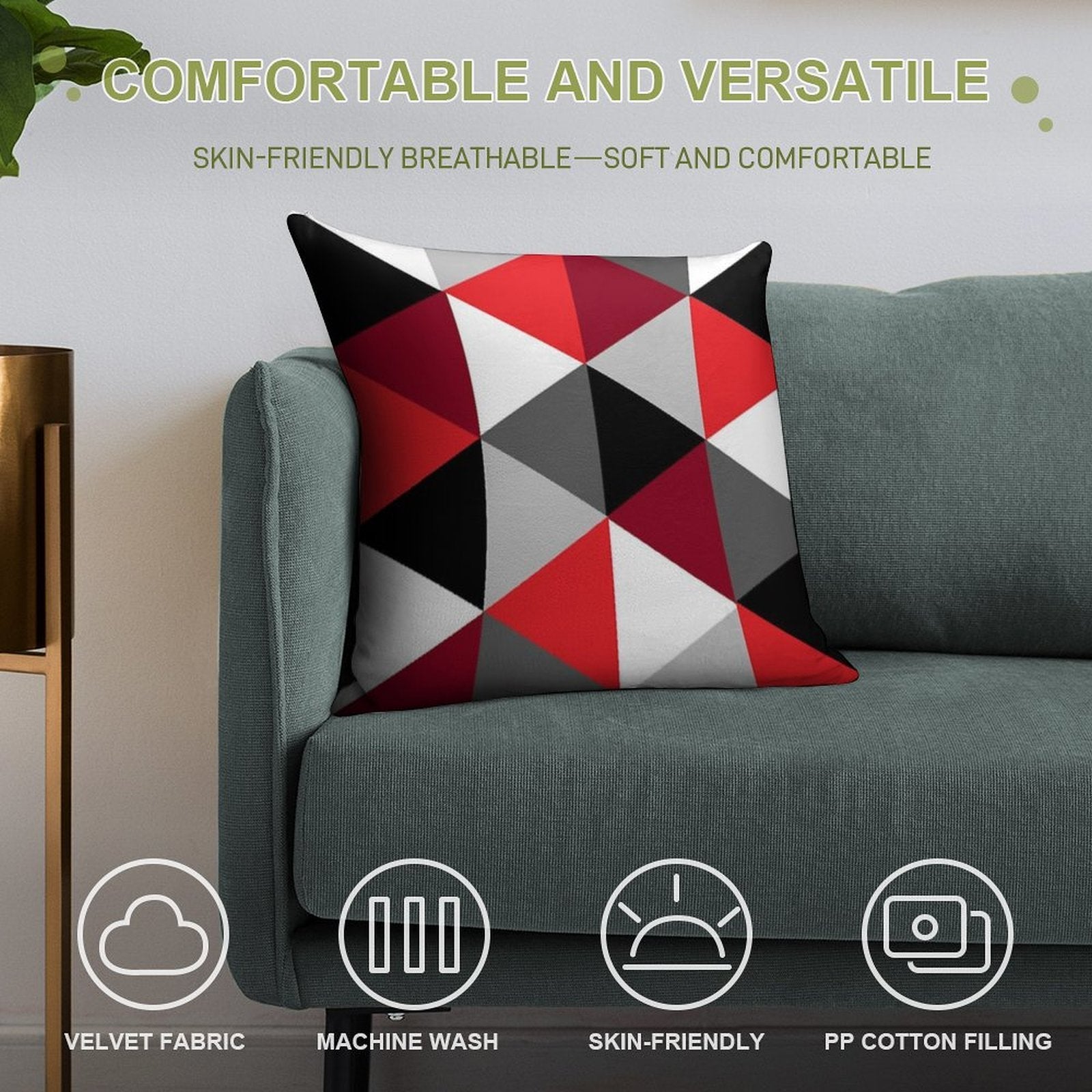 Red, Black, White And Grey Pattern Soft Easy Maintenance Throw Pillow